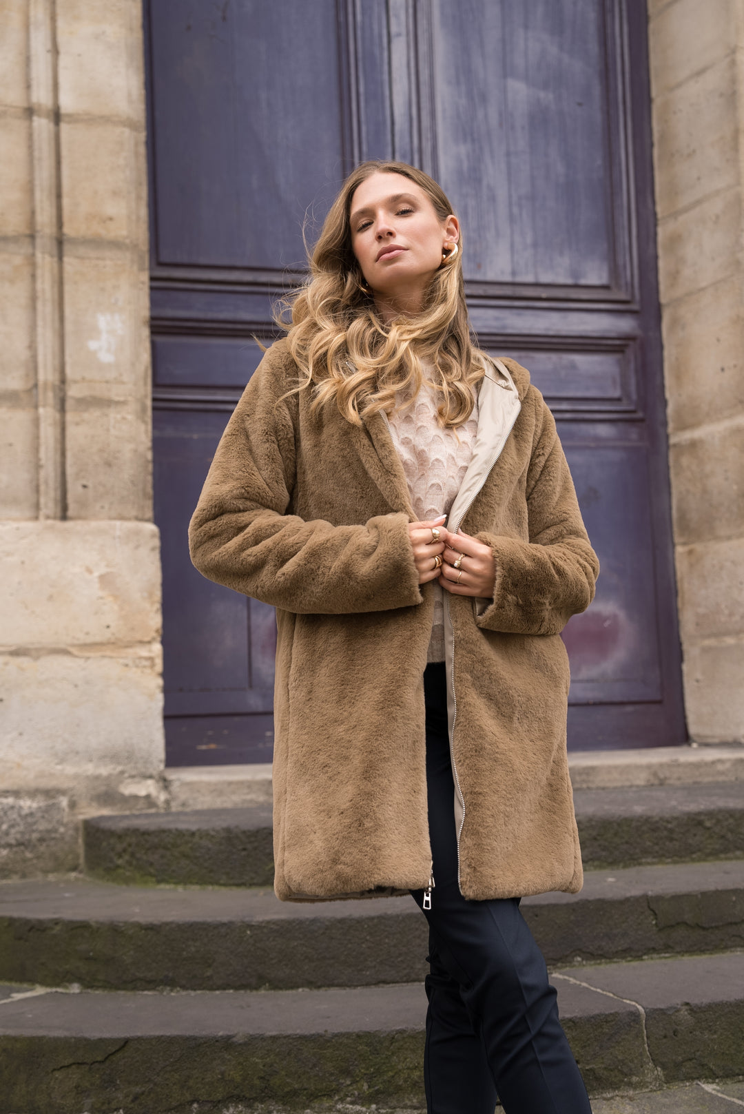 LAURA JO - Parka Imperméable réversible fourrée Sable irisé / Camel ALIX Long