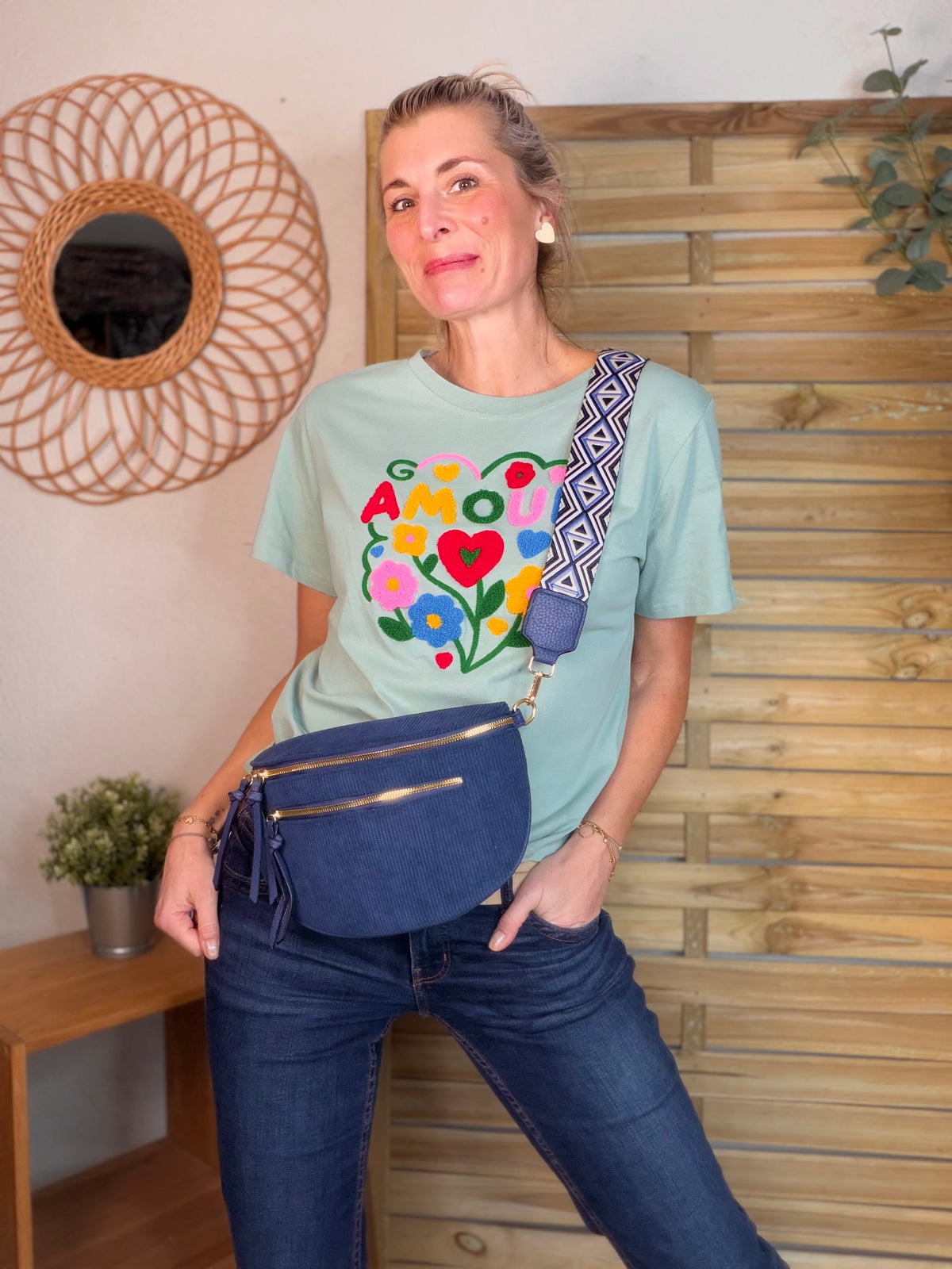 Sac banane en velours côtelé, sangle fantaisie - KATY - Bleu marine - FIN DE SÉRIE