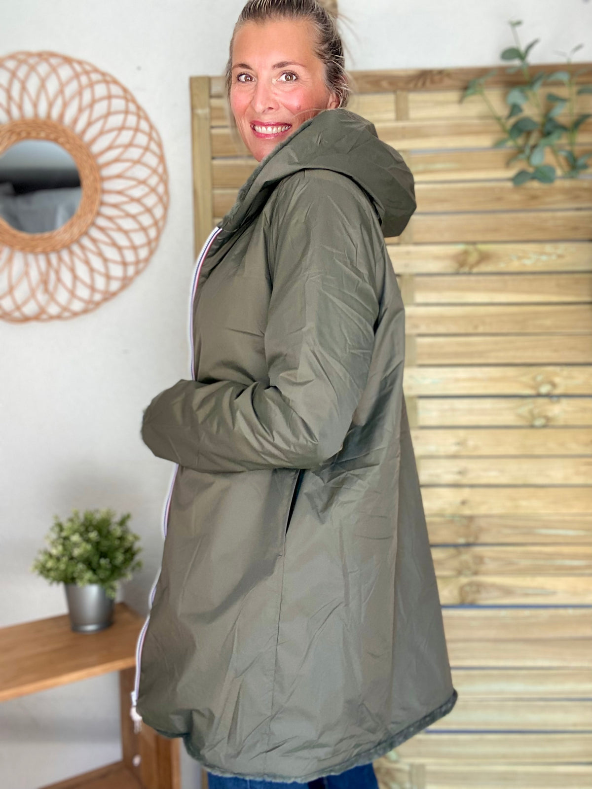 LAURA JO - Parka Imperméable réversible fourrée Kaki / Kaki ALIX Long • DÉSTOCKAGE sur Taille S