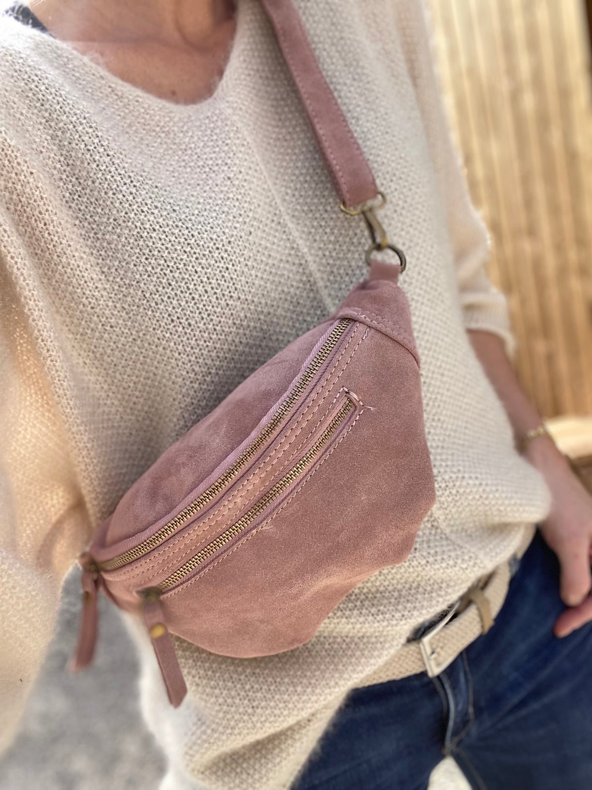 Sac banane double poche en cuir daim - OPALINE - Rose clair / Vieux rose