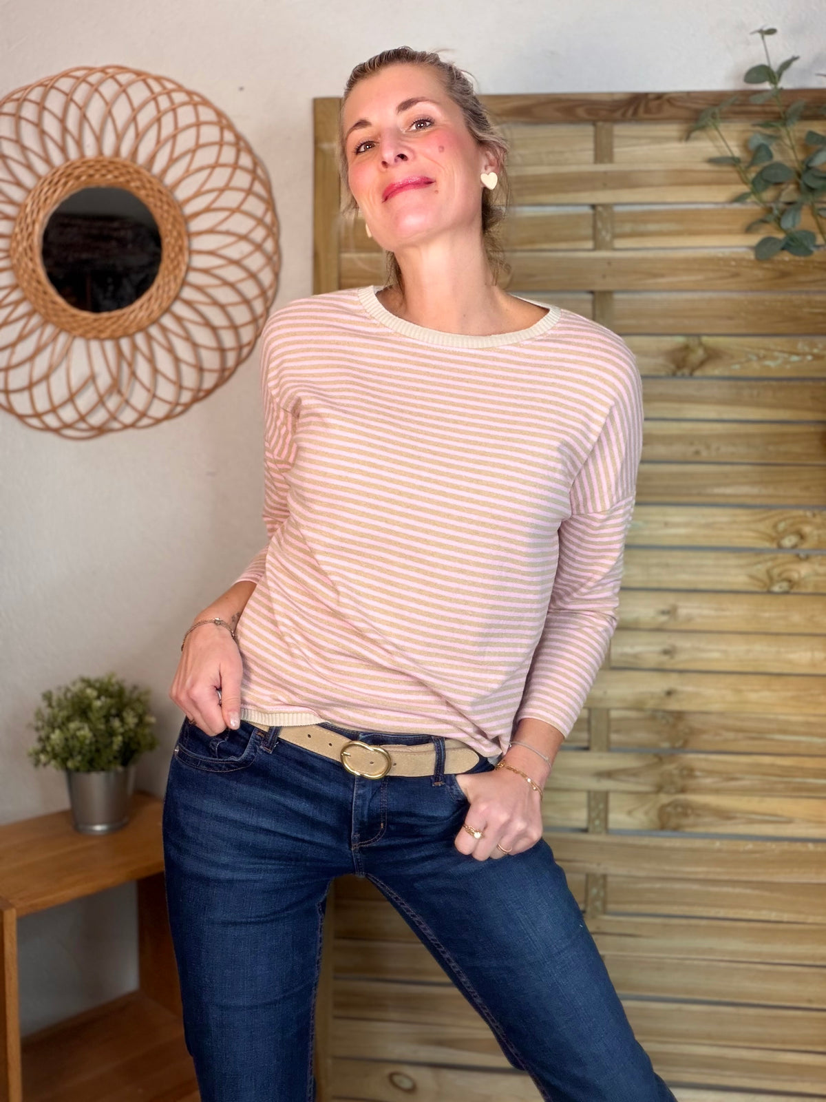 Pull fin rayé ample ROMANE - Rose/Taupe - FIN DE SÉRIE