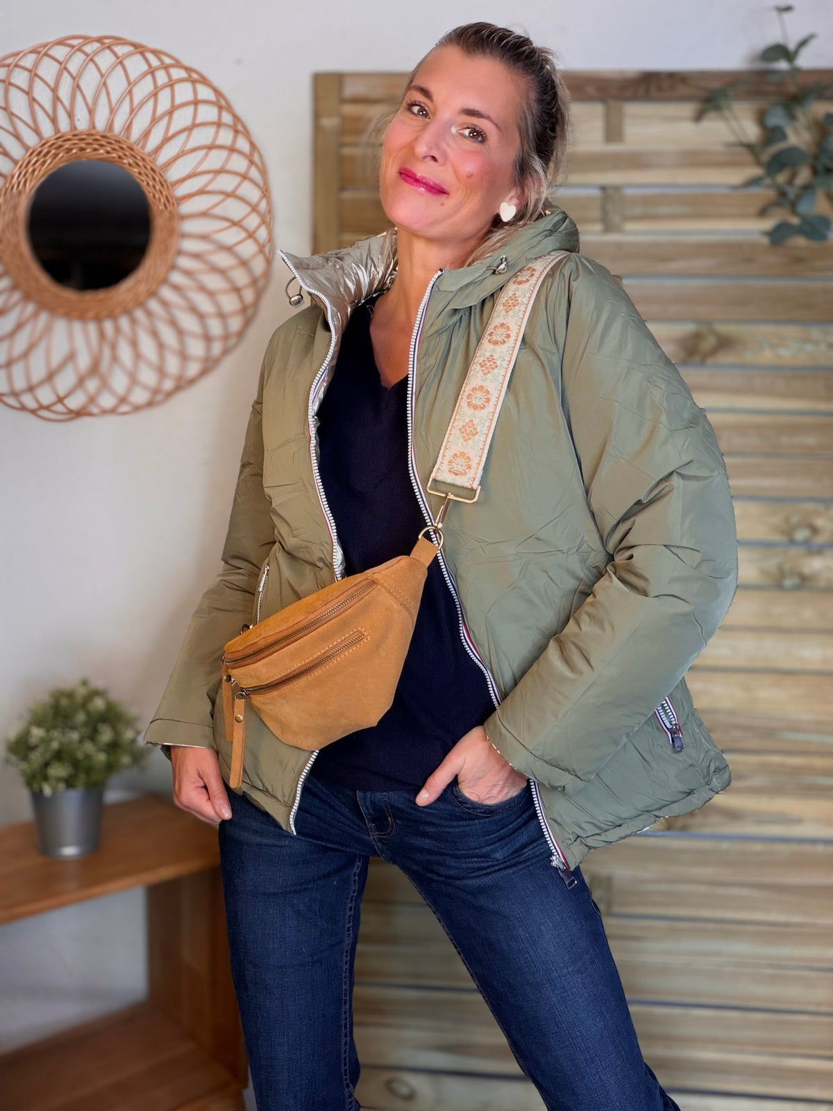 Doudoune imperméable réversible ANGÈLE COURT - Kaki clair - MELYA MELODY (DÉSTOCKAGE sur Taille S)
