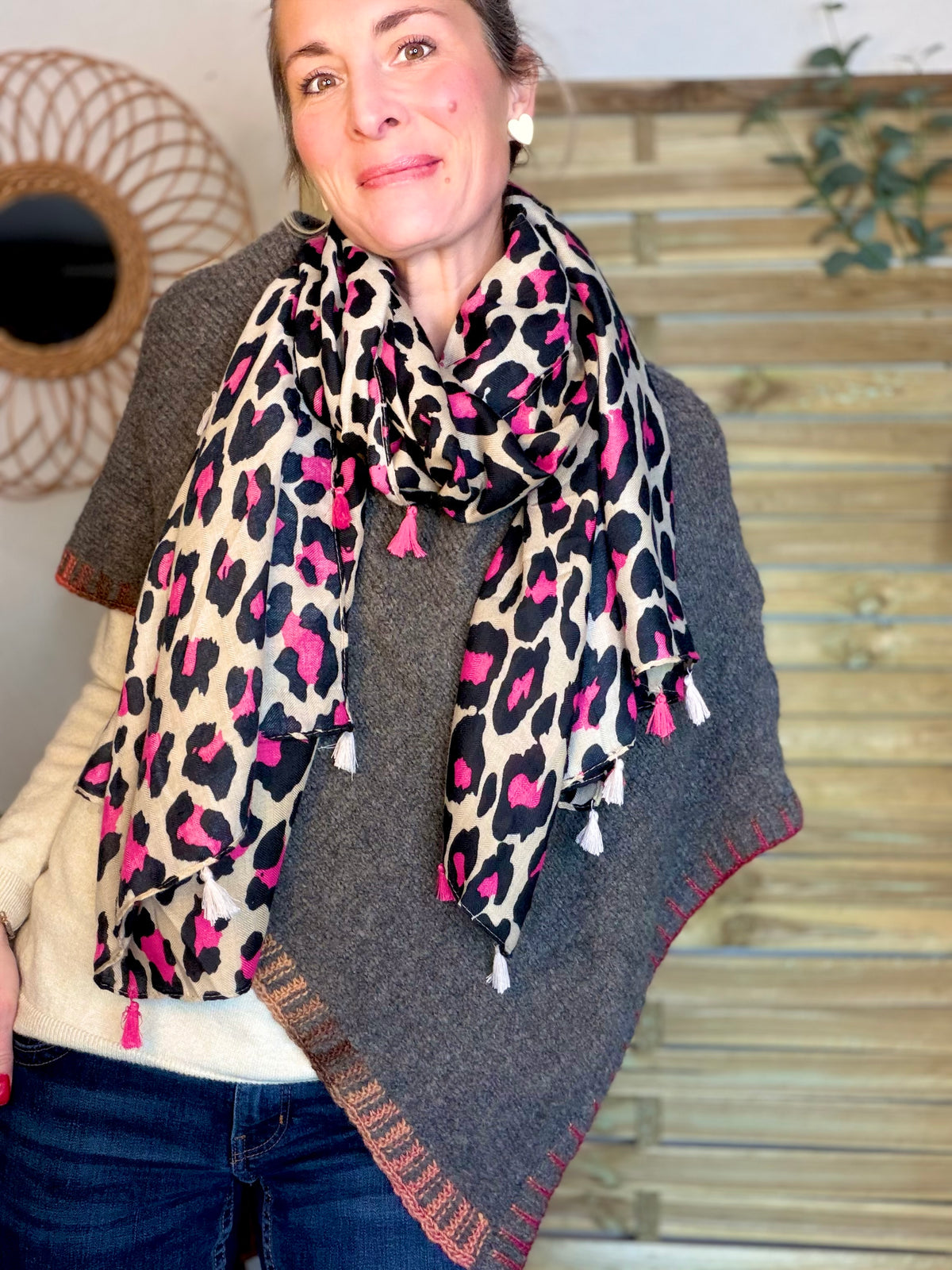 Foulard Léo CLEM - Beige / Fuschia 🐆