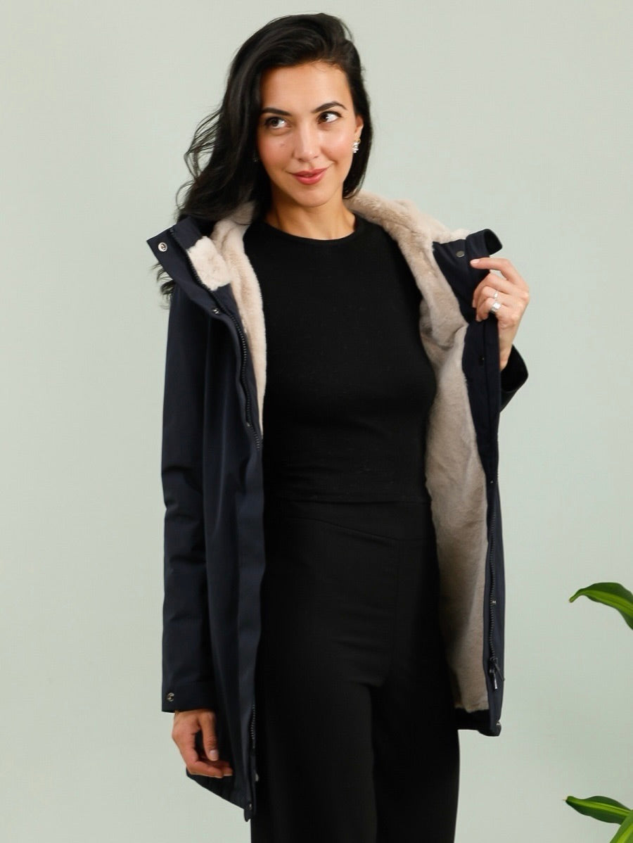 LAURA JO - Parka fourrée imperméable AMBRE LONG - Bleu marine / Beige