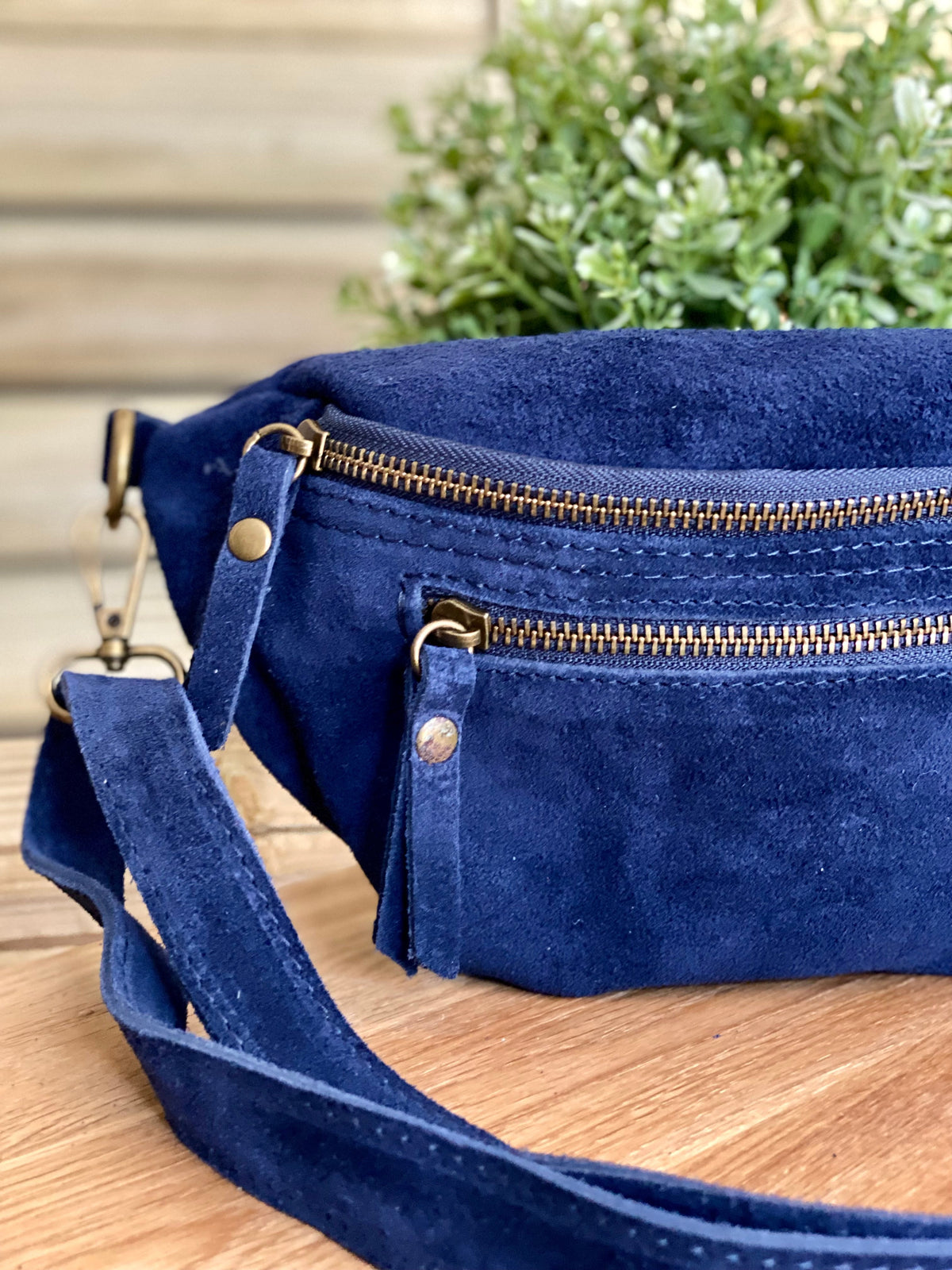 Sac banane double poche en cuir daim - OPALINE - Bleu nuit