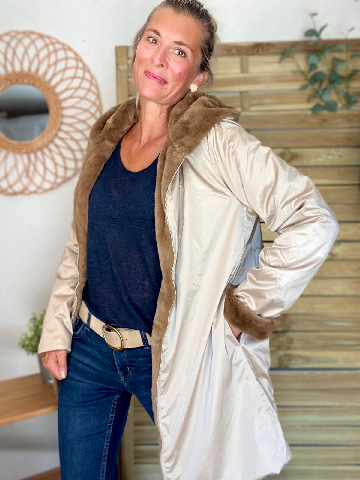 LAURA JO - Parka Imperméable réversible fourrée Sable irisé / Camel ALIX Long