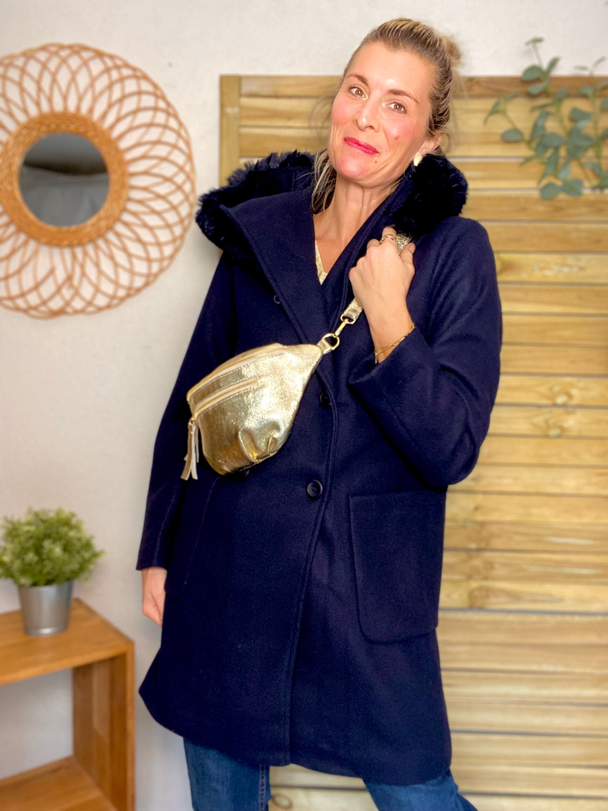 LAURA JO - Manteau caban ESTHER avec capuche et col fausse fourrure amovible - Bleu marine - FIN DE SÉRIE
