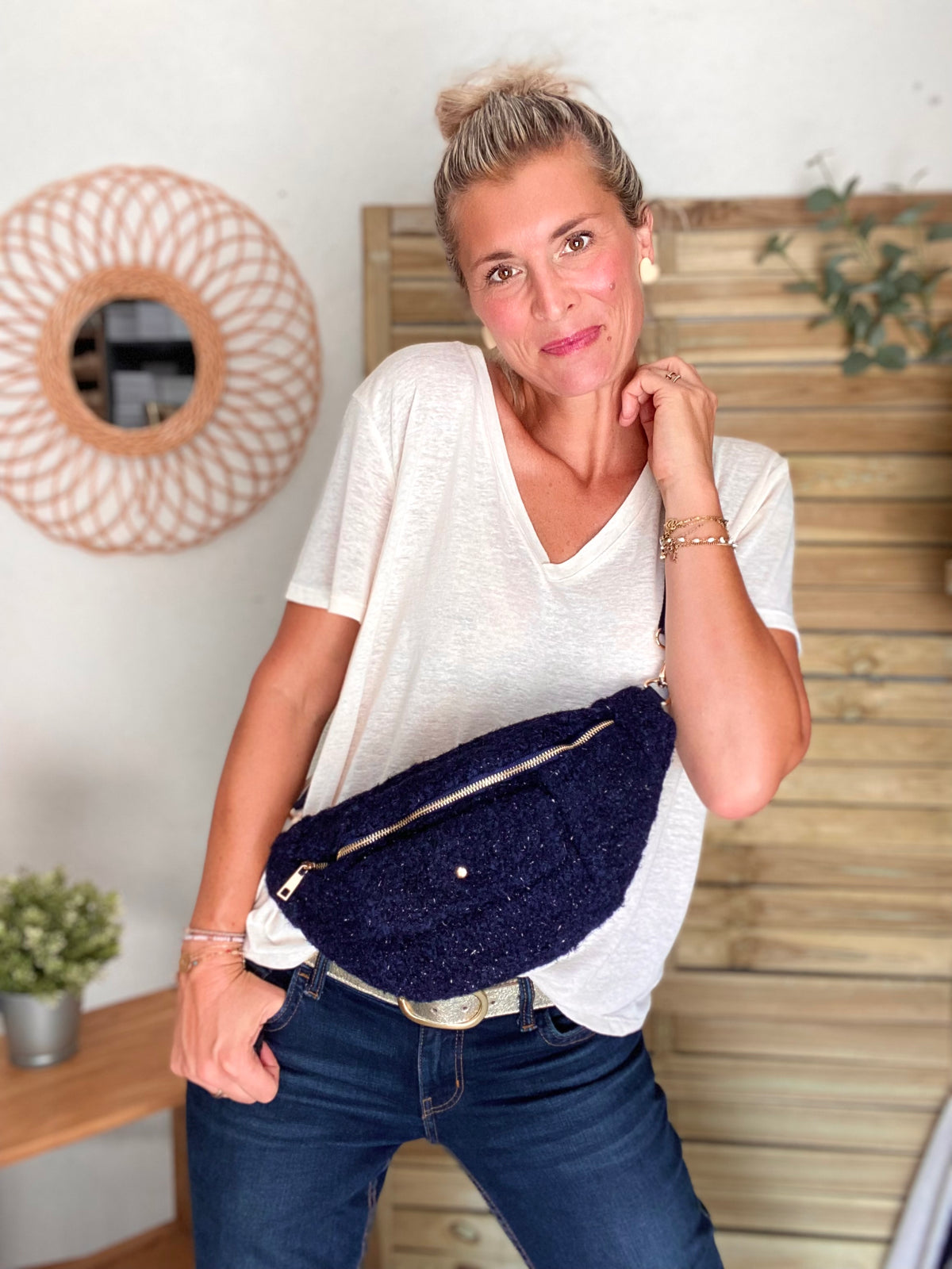 Sac banane XL moumoute lurex avec poche avant - CHELSEA - Marine - FIN DE SÉRIE