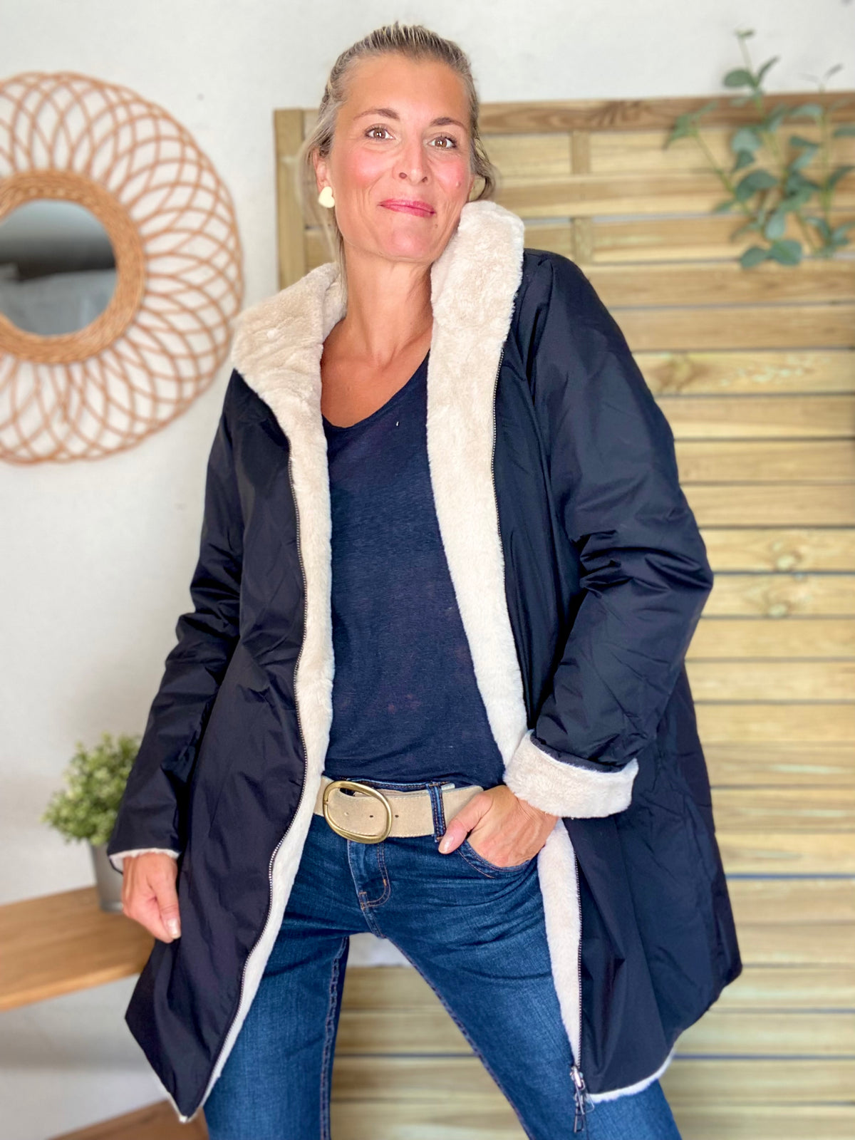 LAURA JO - Parka Imperméable réversible fourrée Noir / Beige ALIX long