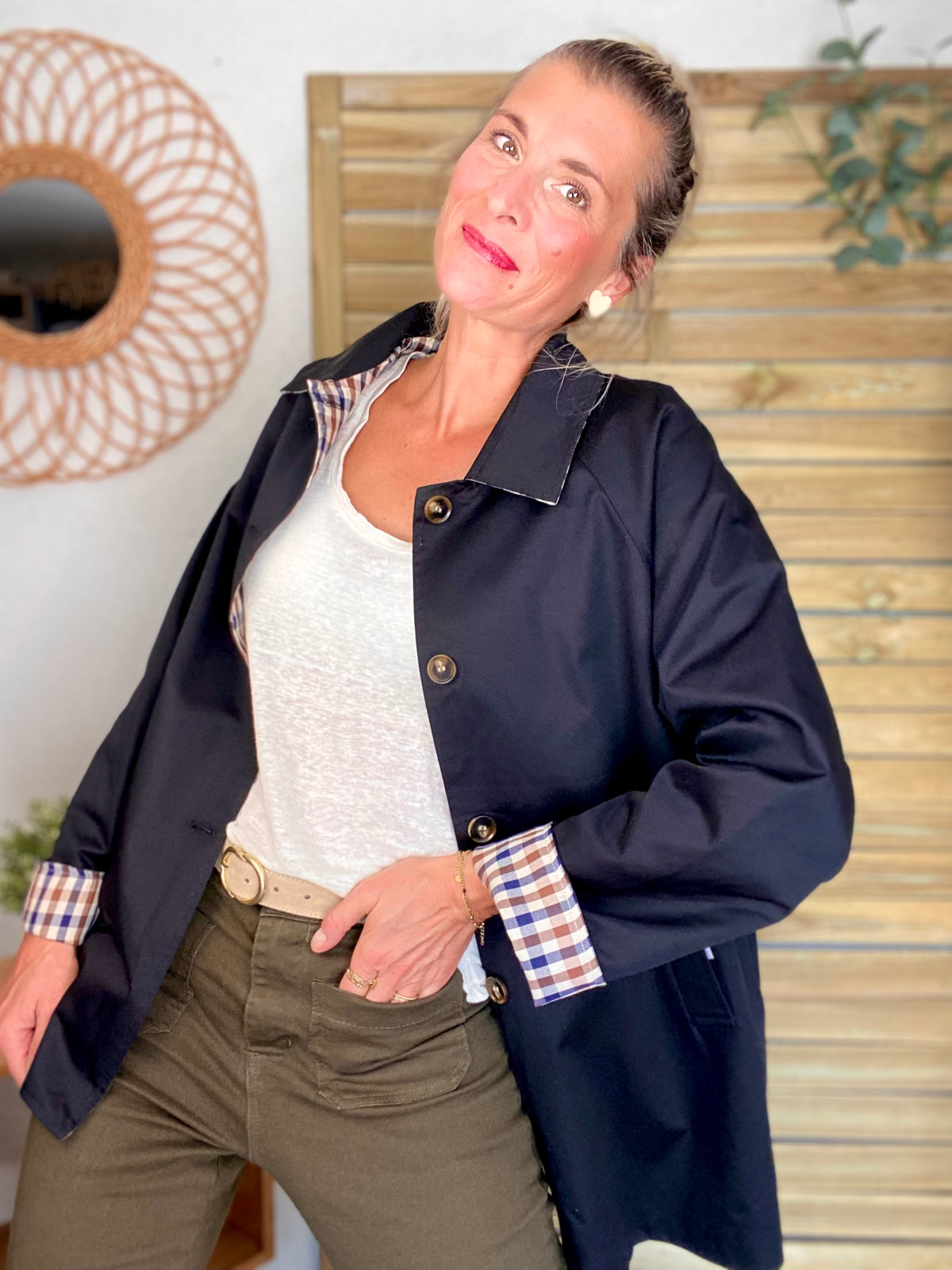 Veste Trench mi long réversible vichy LENA Noir - FIN DE SÉRIE