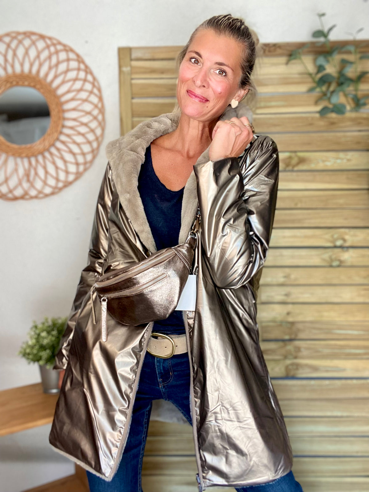 LAURA JO - Parka Imperméable réversible fourrée Bronze / Beige ALIX Long