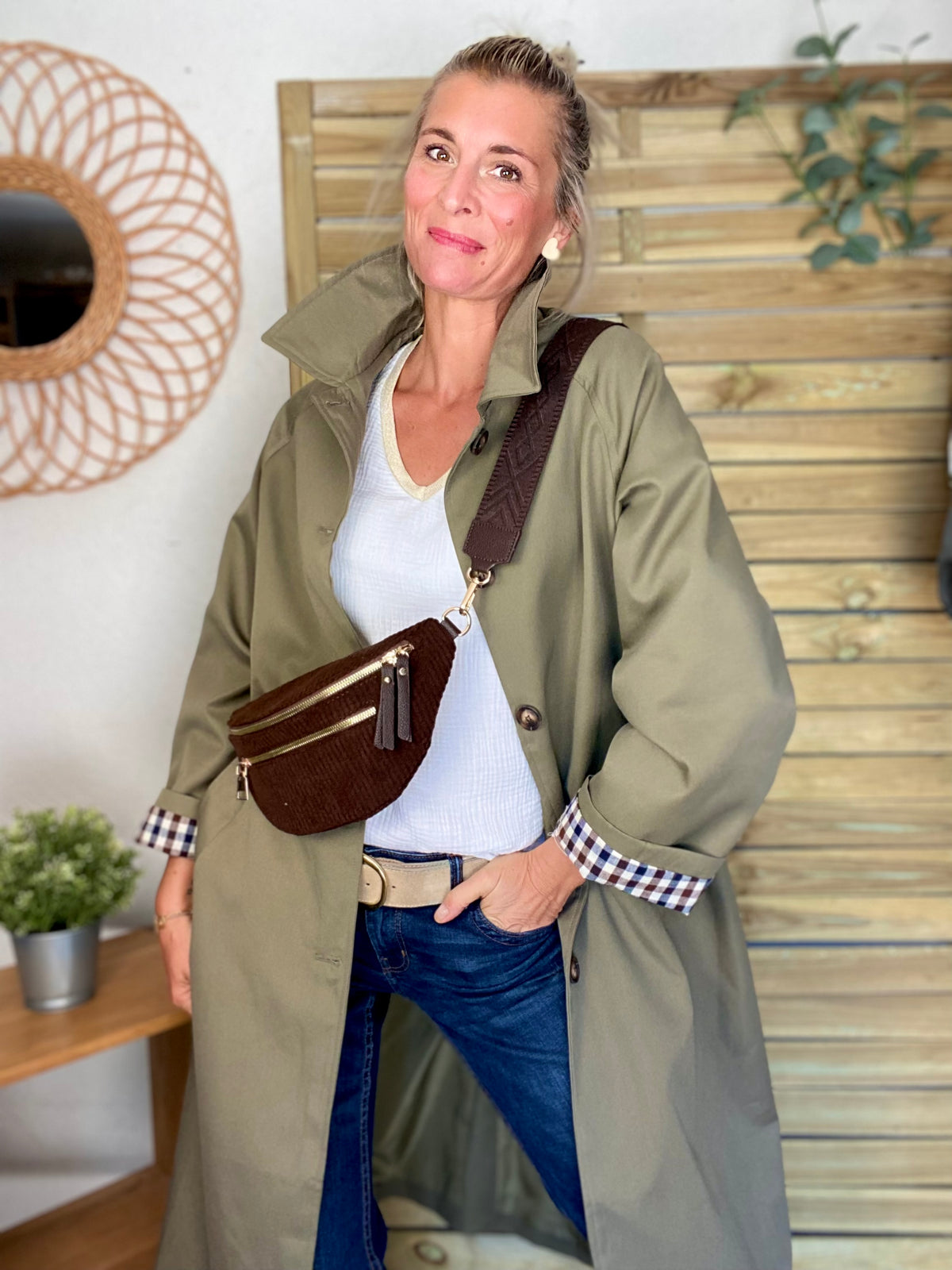 Veste Trench en coton, revers carreaux - YSEULT long Kaki