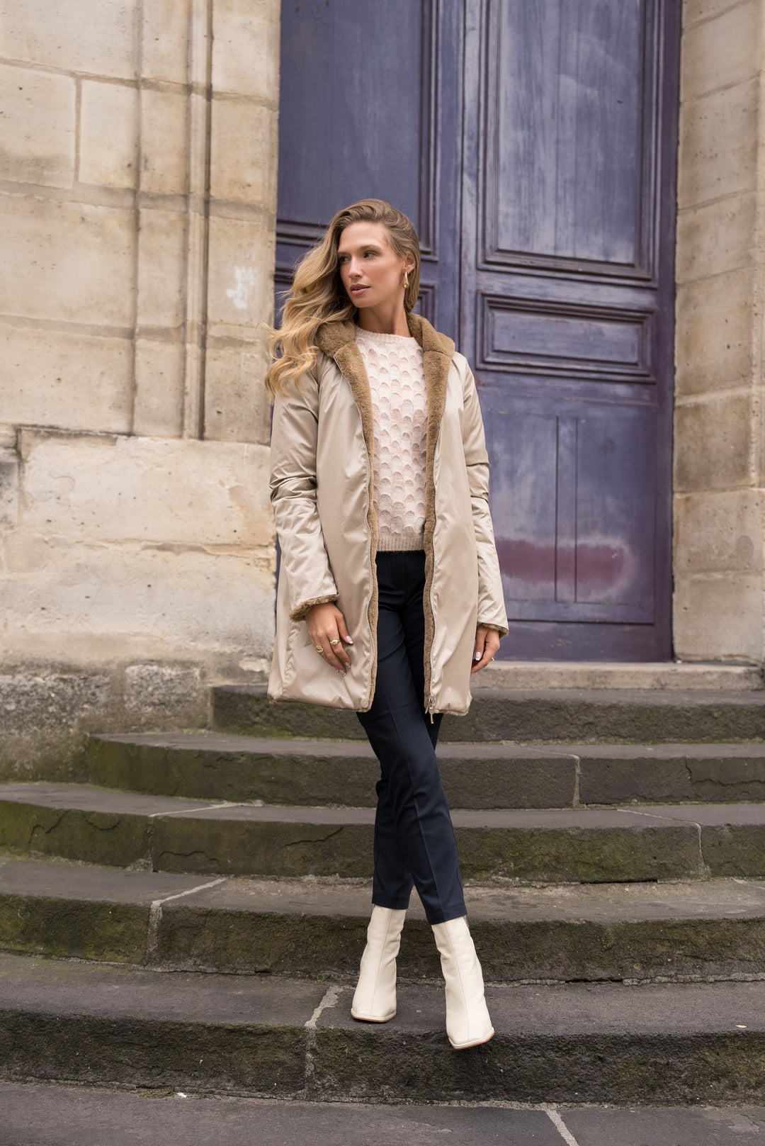 LAURA JO - Parka Imperméable réversible fourrée Sable irisé / Camel ALIX Long