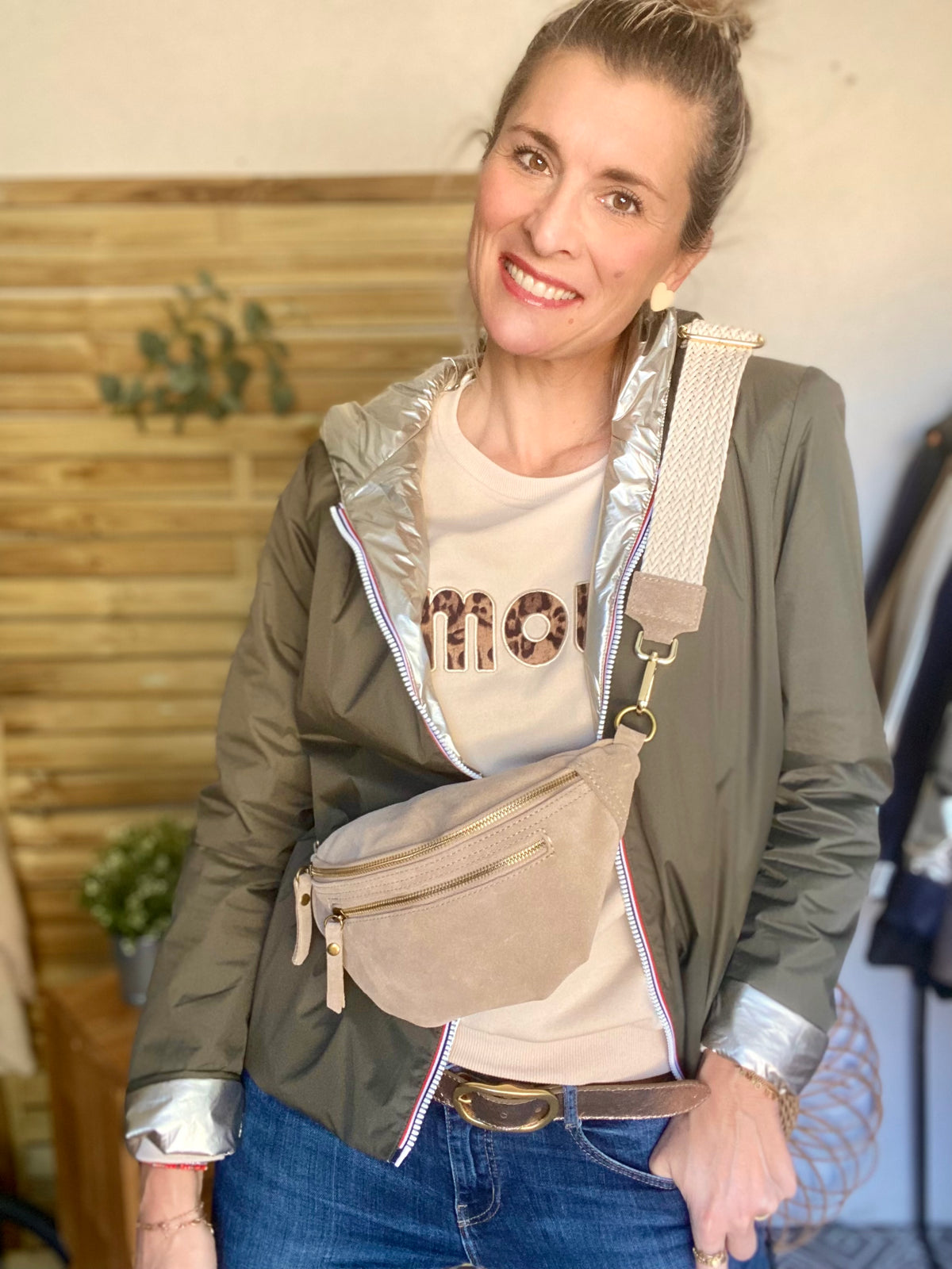 Sac banane double poche en cuir daim - OPALINE - Beige