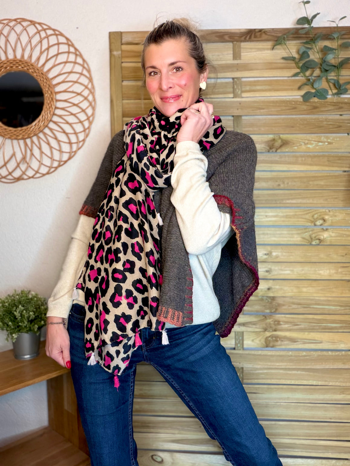 Foulard Léo CLEM - Beige / Fuschia 🐆