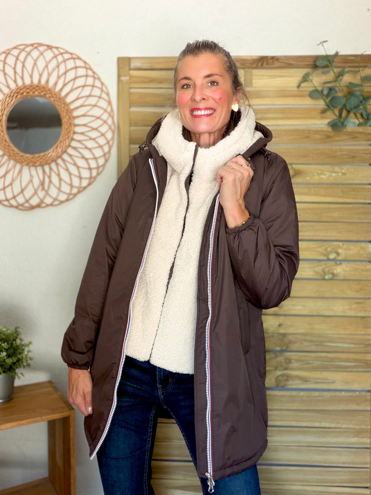 LAURA JO - Col capuche amovible réversible TONY - Choco / Sherpa écru