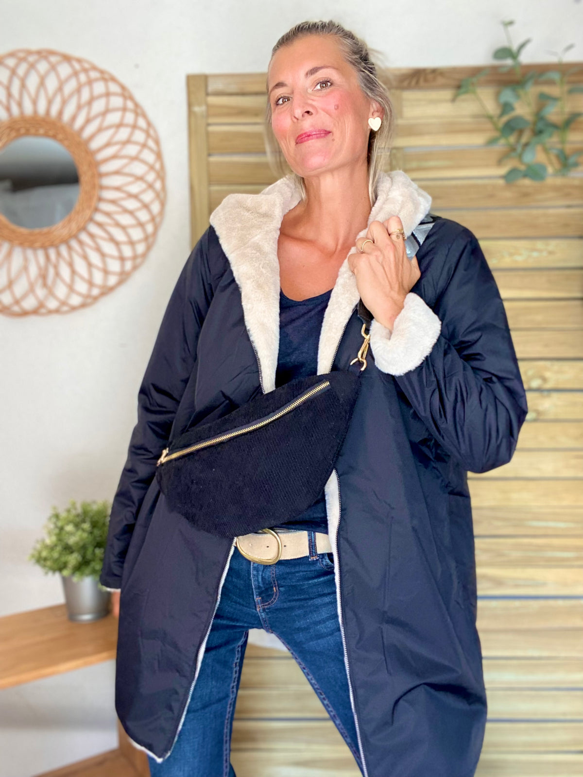 LAURA JO - Parka Imperméable réversible fourrée Noir / Beige ALIX long