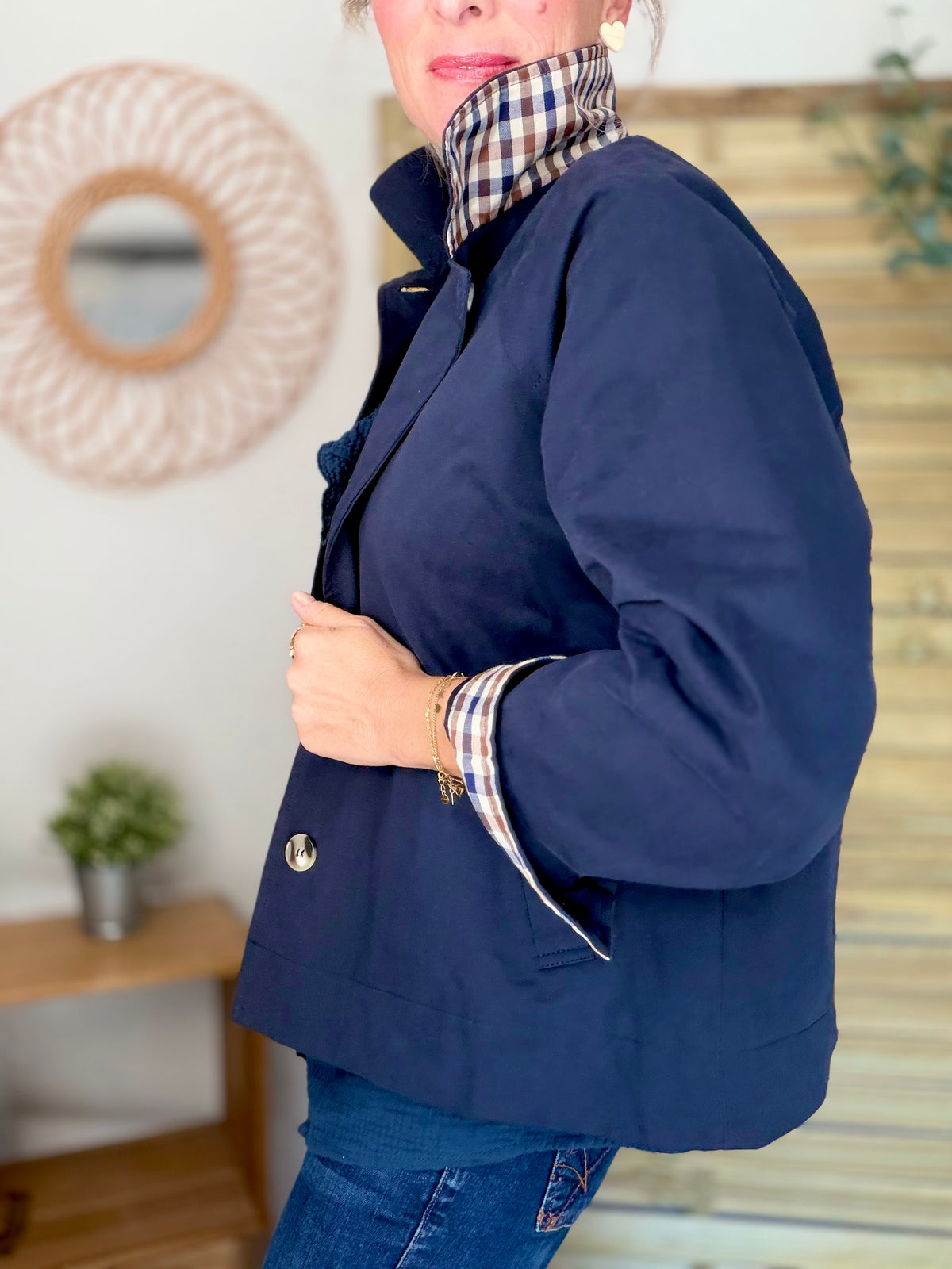 Veste Trench en coton avec carreaux - SOLÈNE Bleu marine • FIN DE SÉRIE