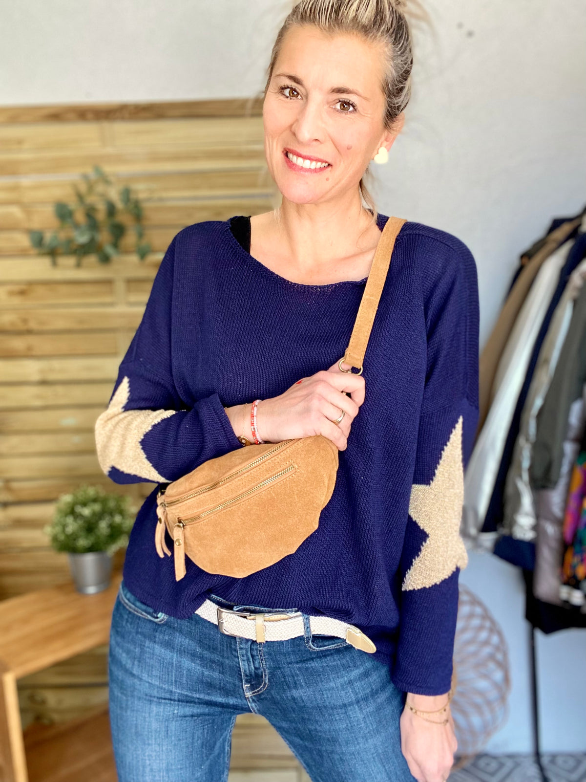Sac banane double poche en cuir daim - OPALINE - Camel