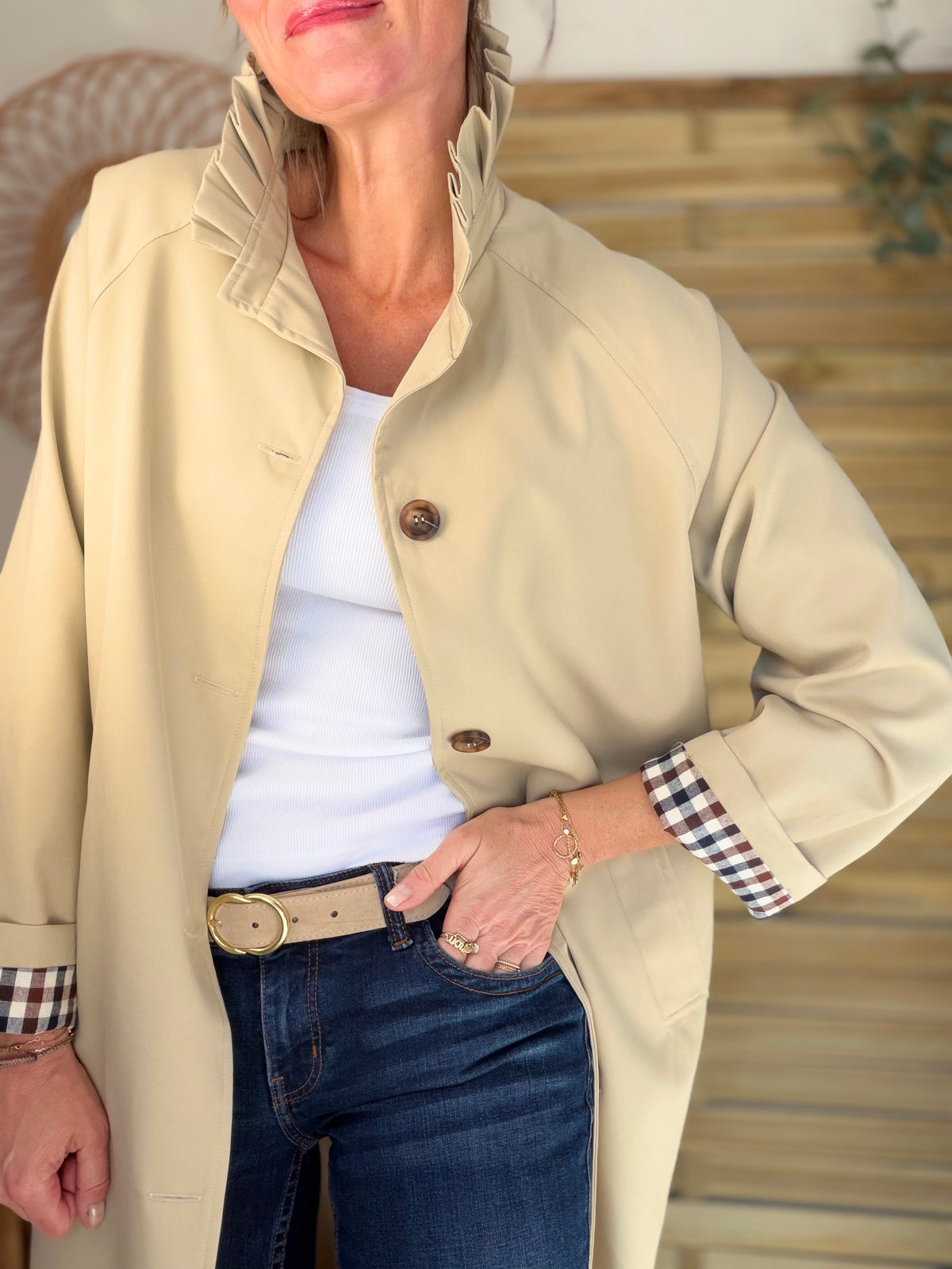 Veste Trench col victorien, revers carreaux - VICKY LONG Beige