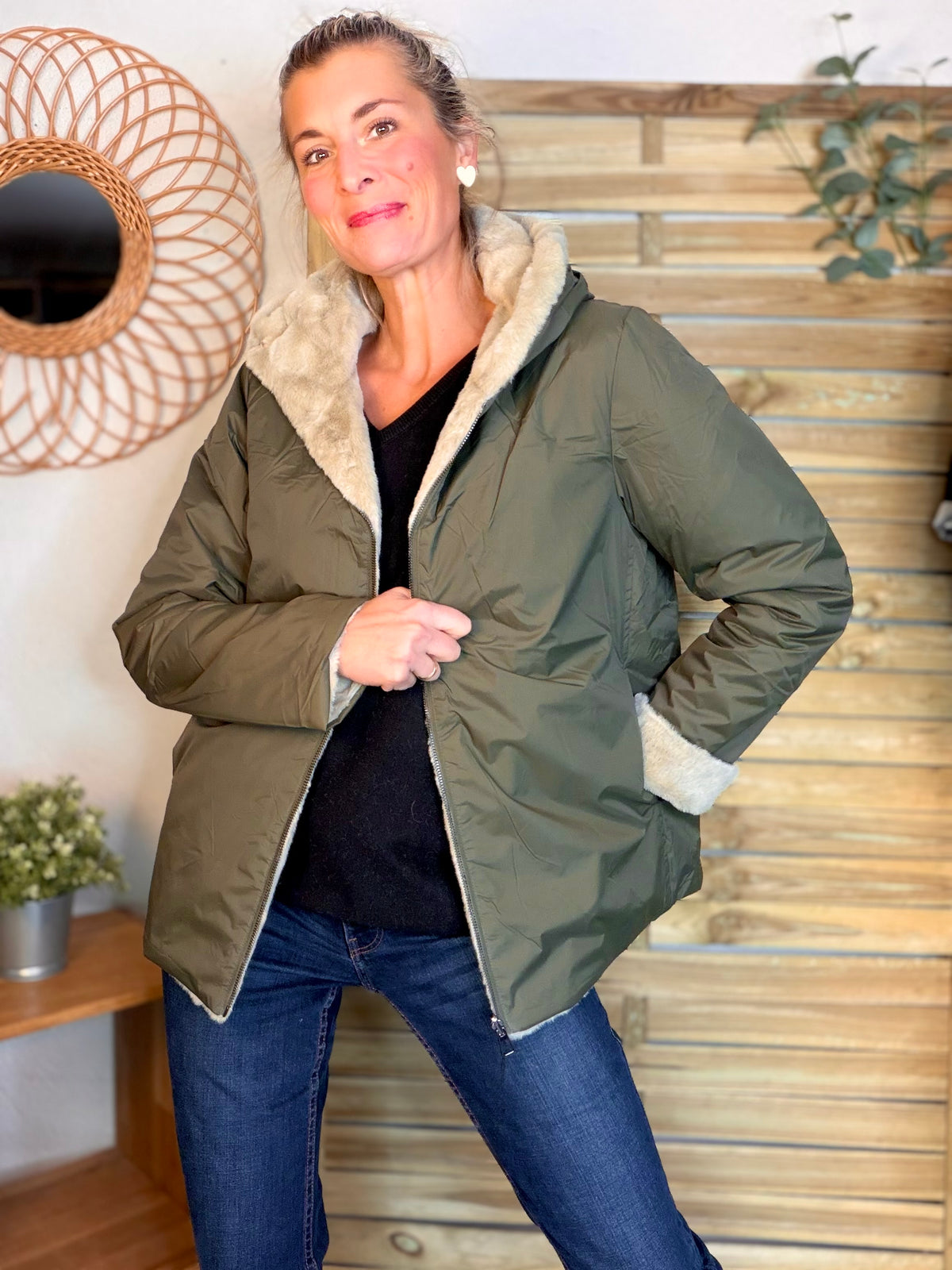 LAURA JO - Parka Imperméable réversible fourrée Kaki / Beige ALIX Court