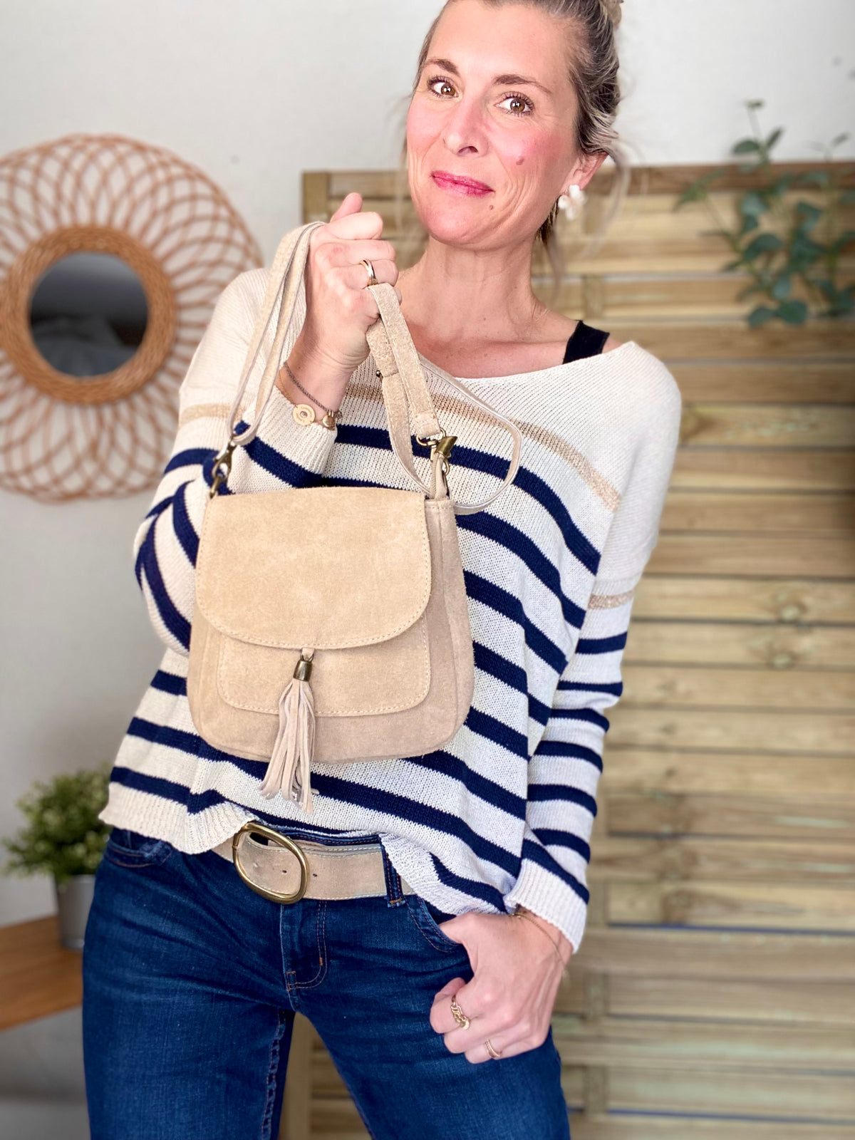 Sac bandoulière en cuir daim HORTENSE - Beige - FIN DE SÉRIE