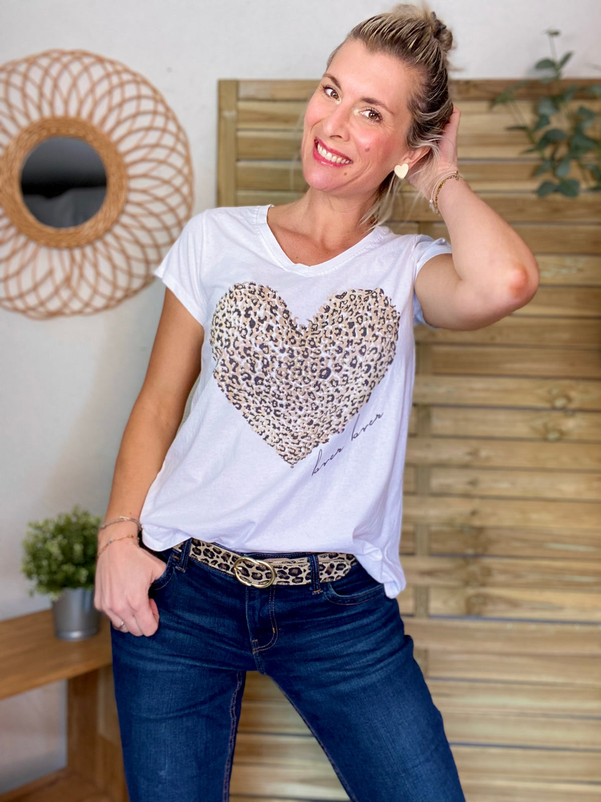 Tee shirt grand coeur léo et strass 💛🐆 THALIA Blanc - FIN DE SÉRIE