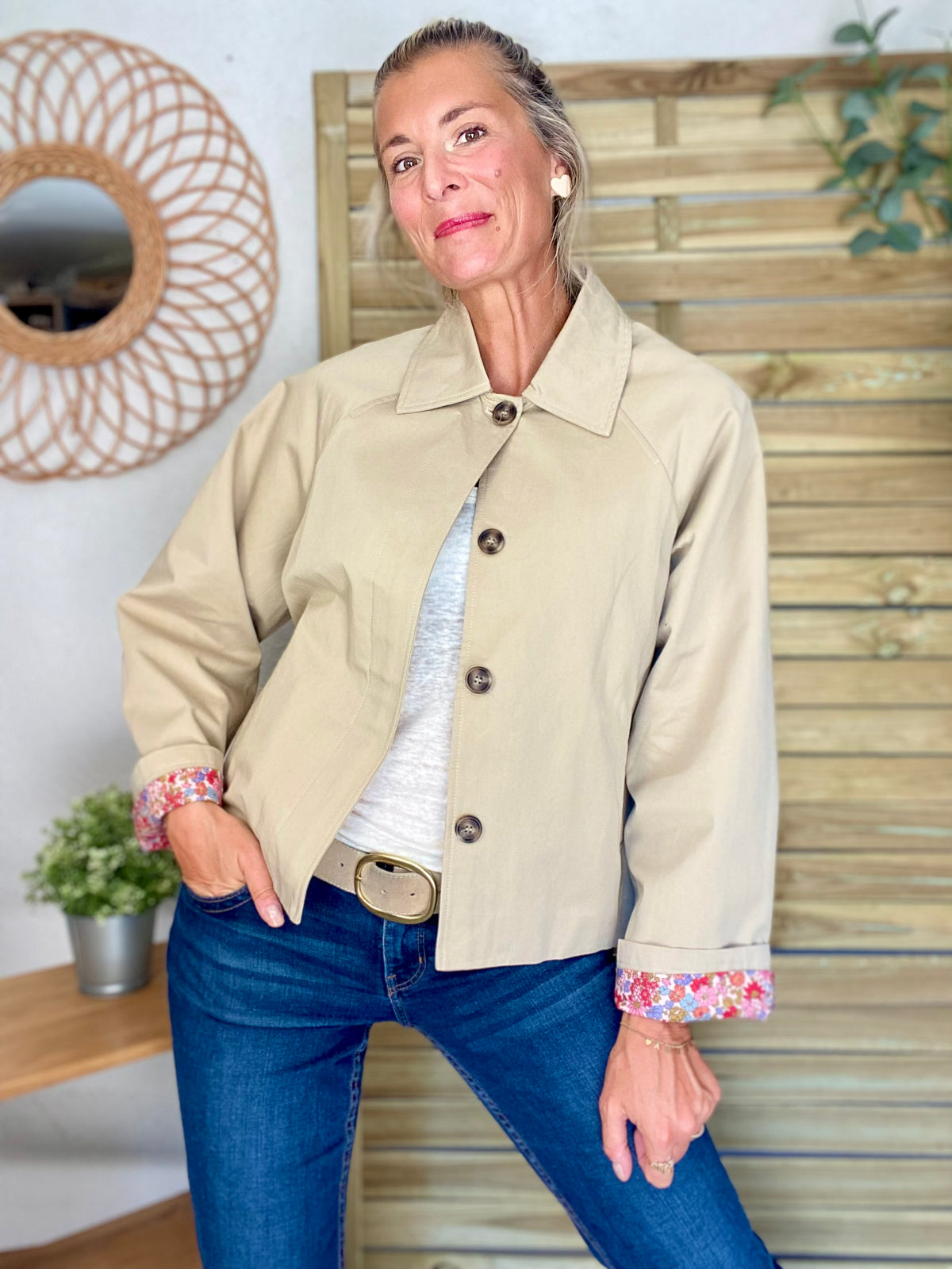 Veste Trench en coton beige avec Liberty - MAHAUT - LILI et LALA