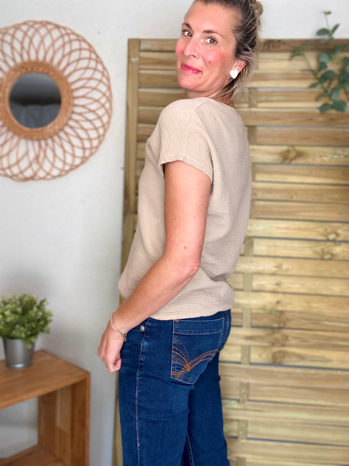 Top en gaze de coton et lurex MARTA - Beige