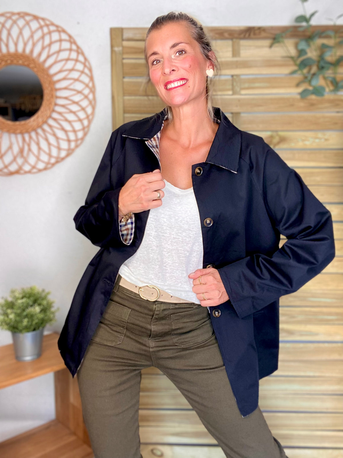 Veste Trench mi long réversible vichy LENA Noir - FIN DE SÉRIE