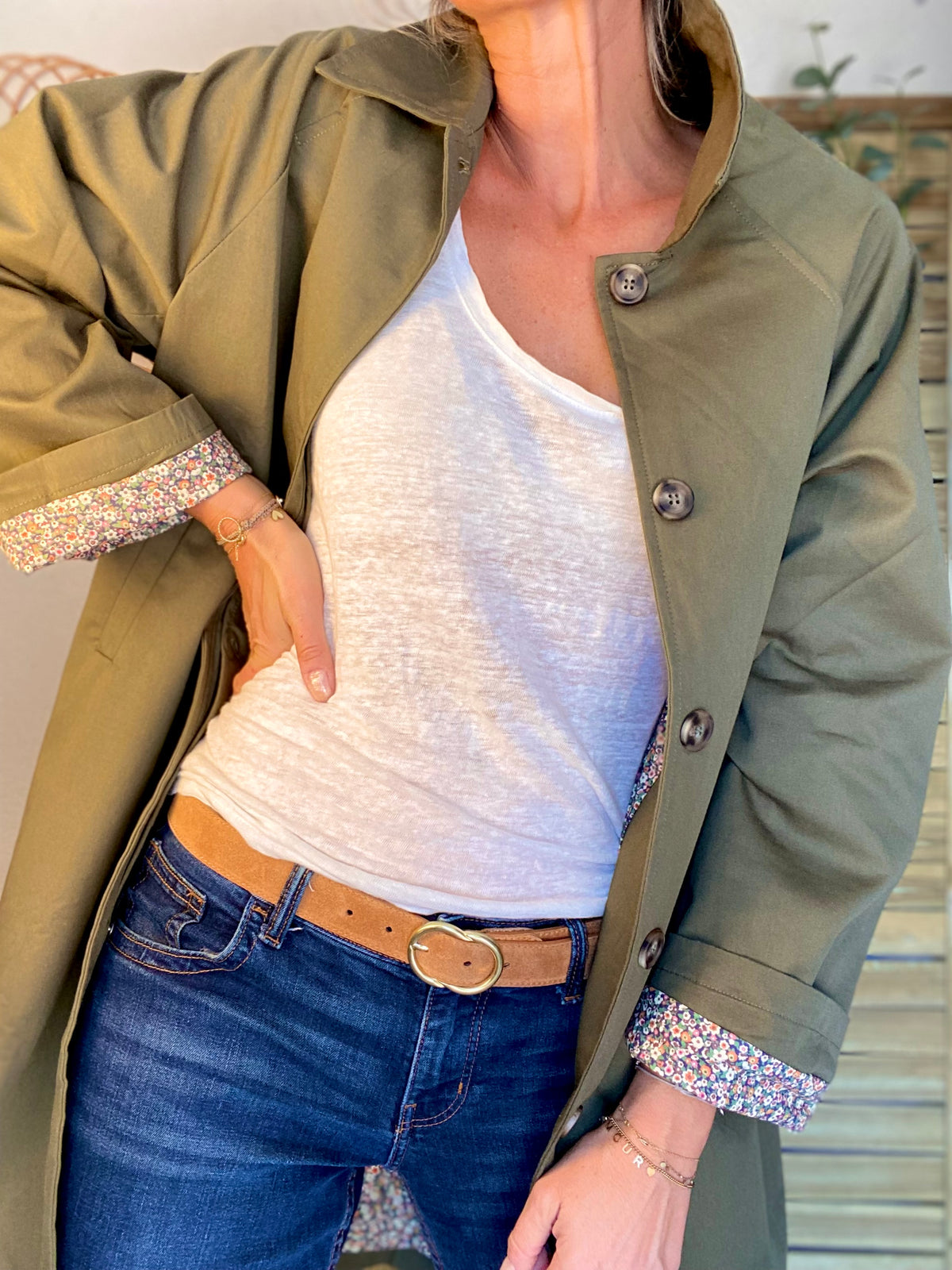 Veste Trench en coton kaki avec Liberty - MAHAUT MI LONG - LILI et LALA • DÉSTOCKAGE sur Taille S