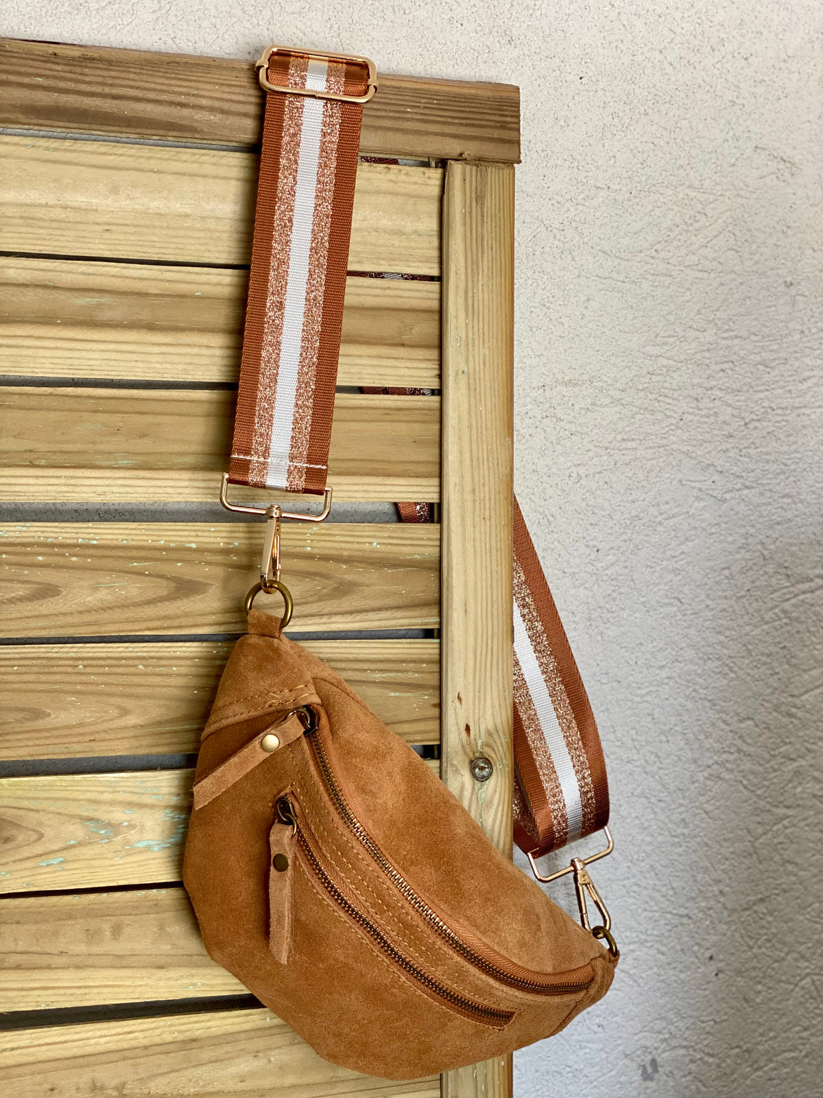 Sac banane double poche en cuir daim - OPALINE - Camel