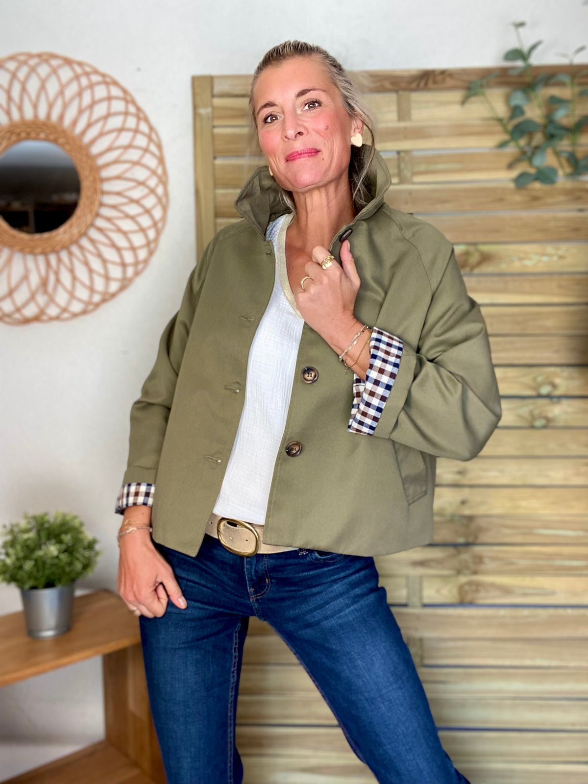 Veste Trench en coton, revers carreaux - YSEULT court Kaki