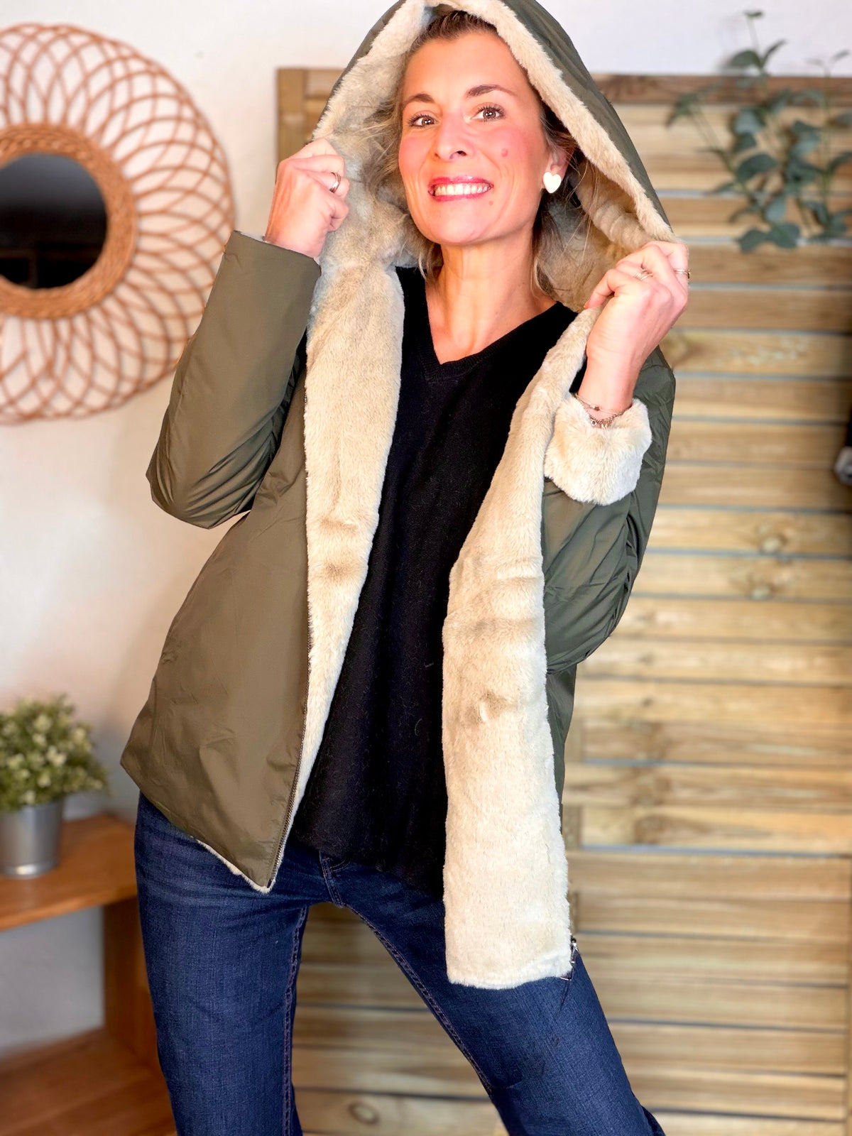 LAURA JO - Parka Imperméable réversible fourrée Kaki / Beige ALIX Court