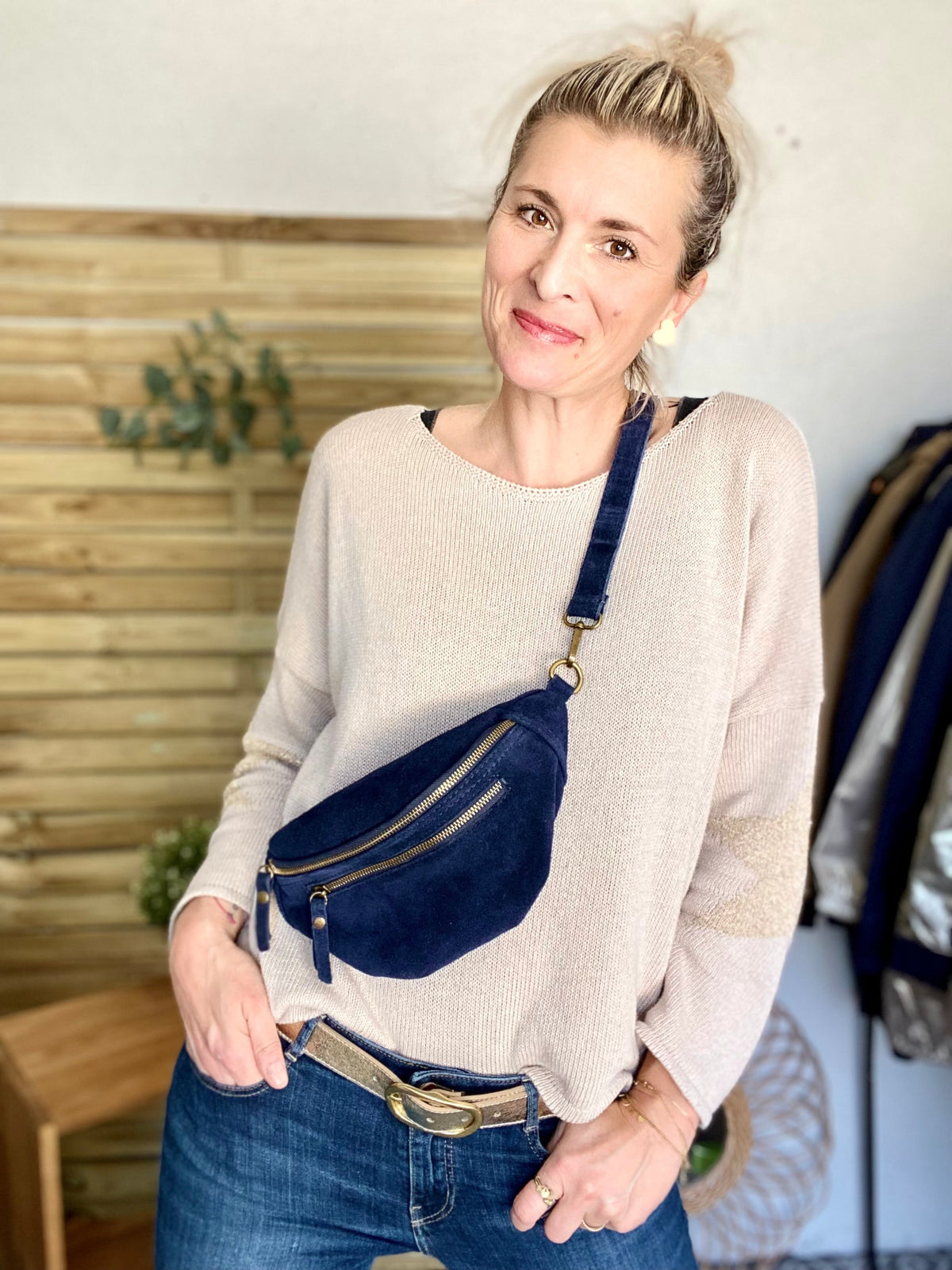 Sac banane double poche en cuir daim - OPALINE - Bleu nuit