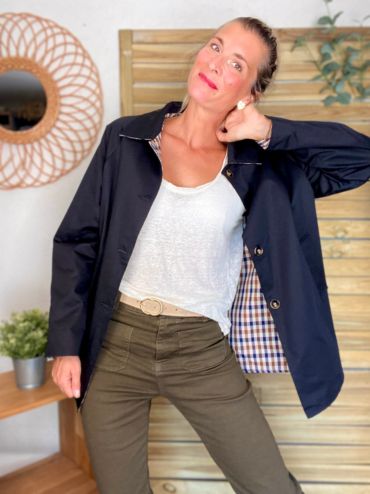 Veste Trench mi long réversible vichy LENA Noir - FIN DE SÉRIE