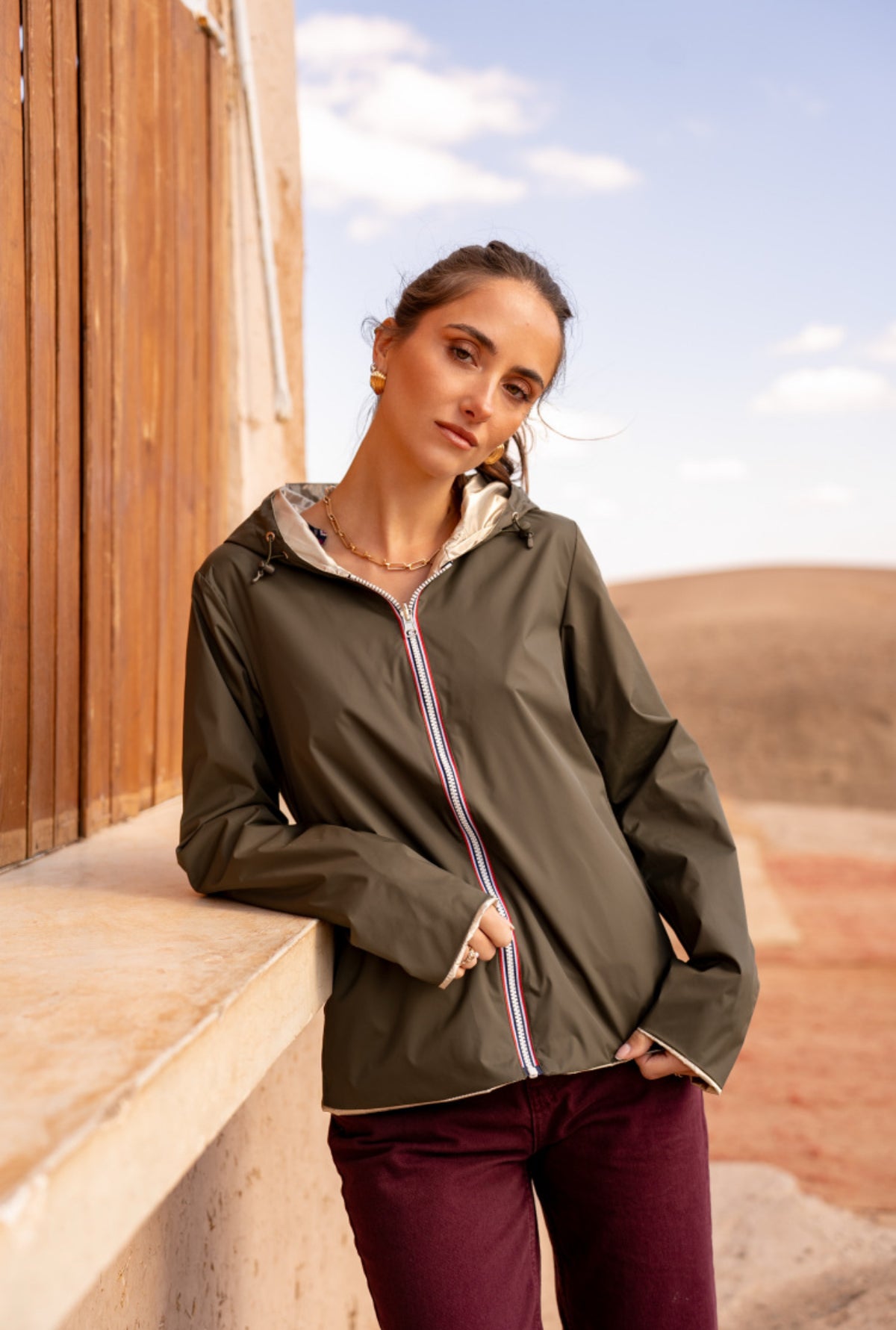 LAURA JO - Imperméable réversible léger GARANCE COURT - Kaki/Doré (DÉSTOCKAGE sur Taille XL et 4XL)