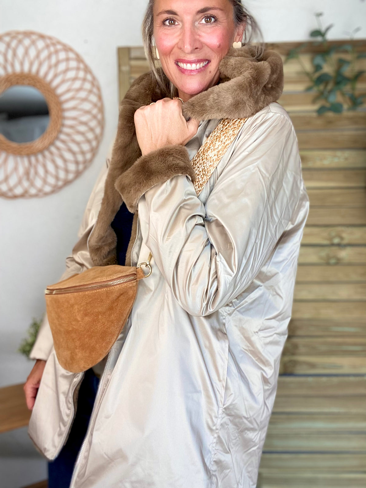 LAURA JO - Parka Imperméable réversible fourrée Sable irisé / Camel ALIX Long