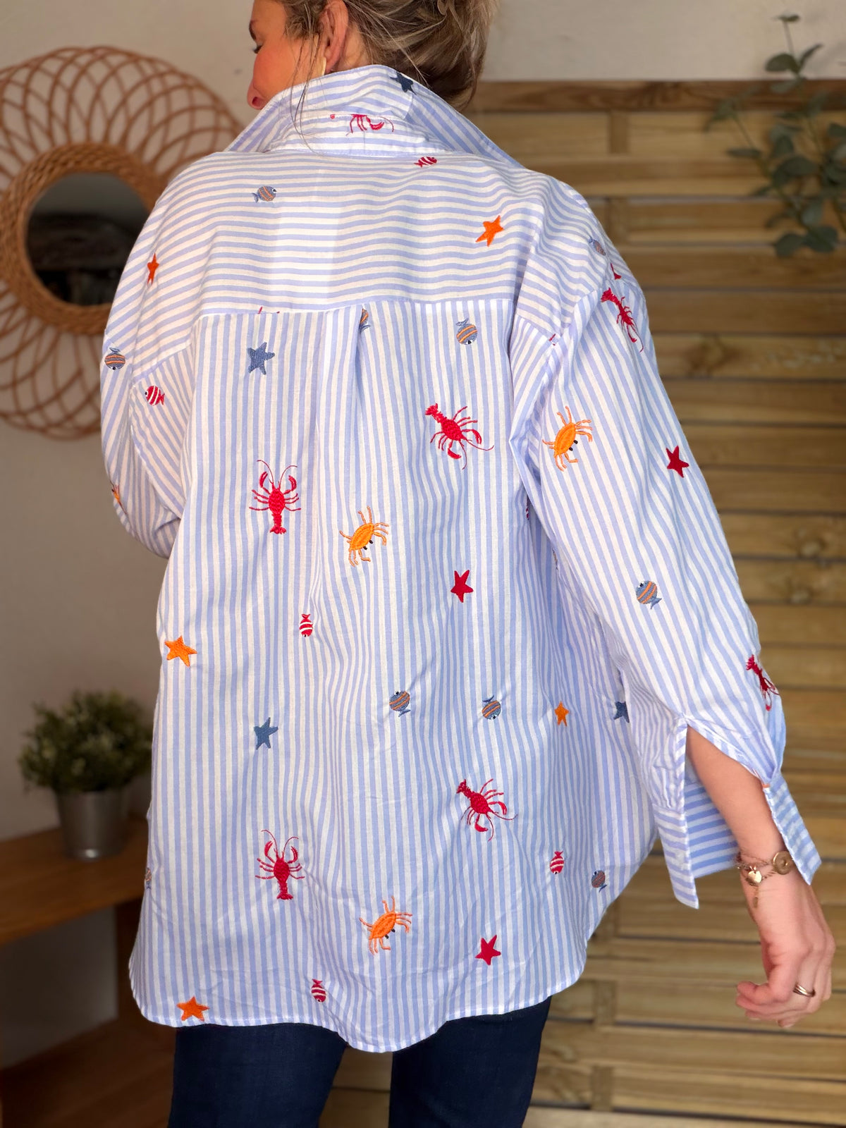 Chemise bleue à rayures coquillages et crustacés - ELORY - FIN DE SÉRIE