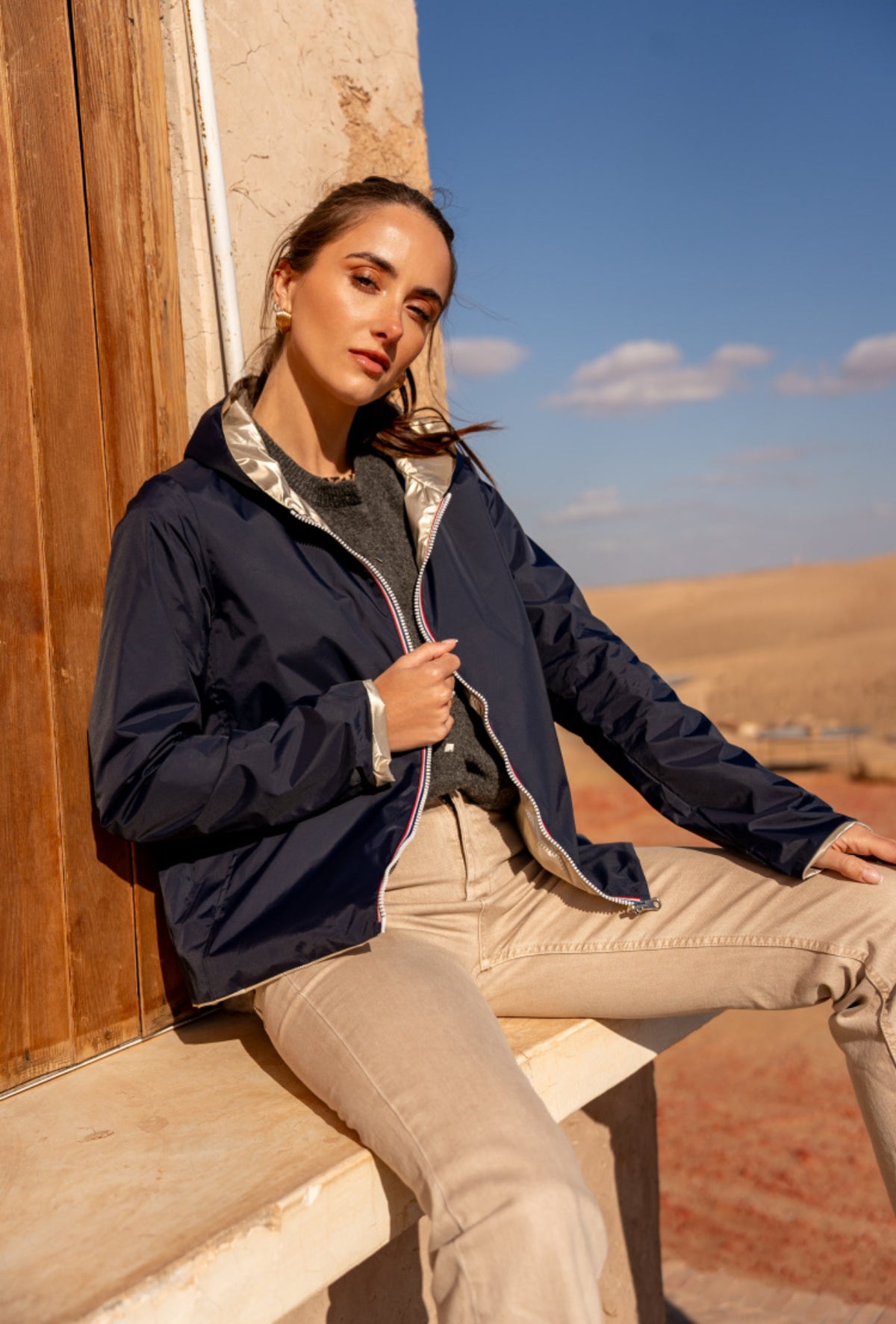 LAURA JO - Imperméable réversible GARANCE COURT léger - Marine/Doré • DÉSTOCKAGE sur Taille XL
