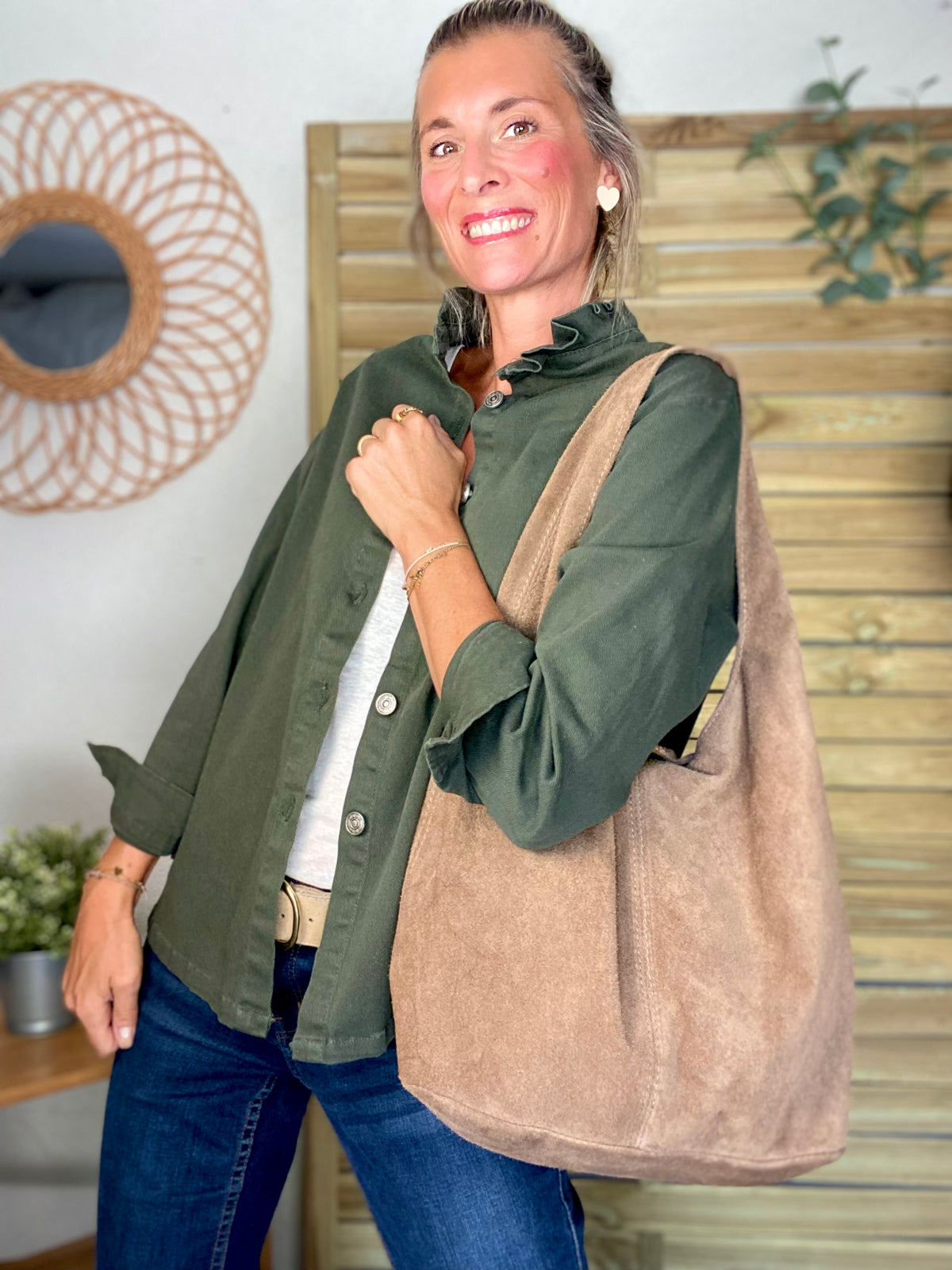 Sac cabas hobo cuir daim MARLON - Beige taupe
