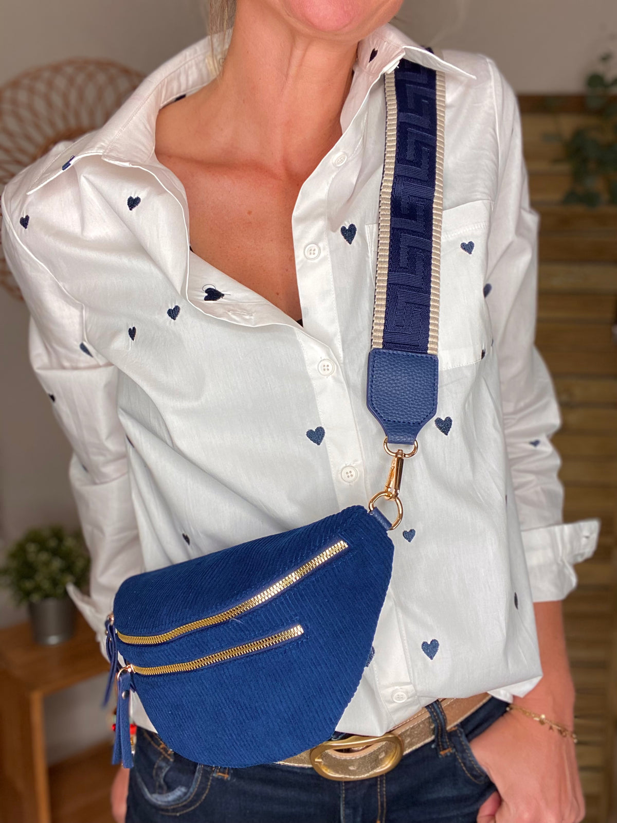 Sac banane en velours côtelé 2 zips et sangle fantaisie - CHARLY - Bleu marine (côtelé fin)