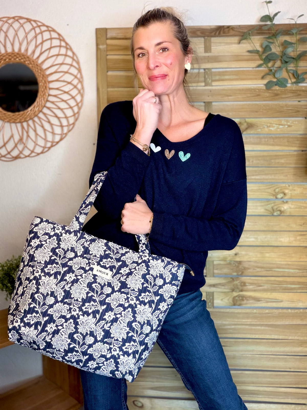 Sac cabas imprimé PIERCE - fleuri marine - FIN DE SÉRIE
