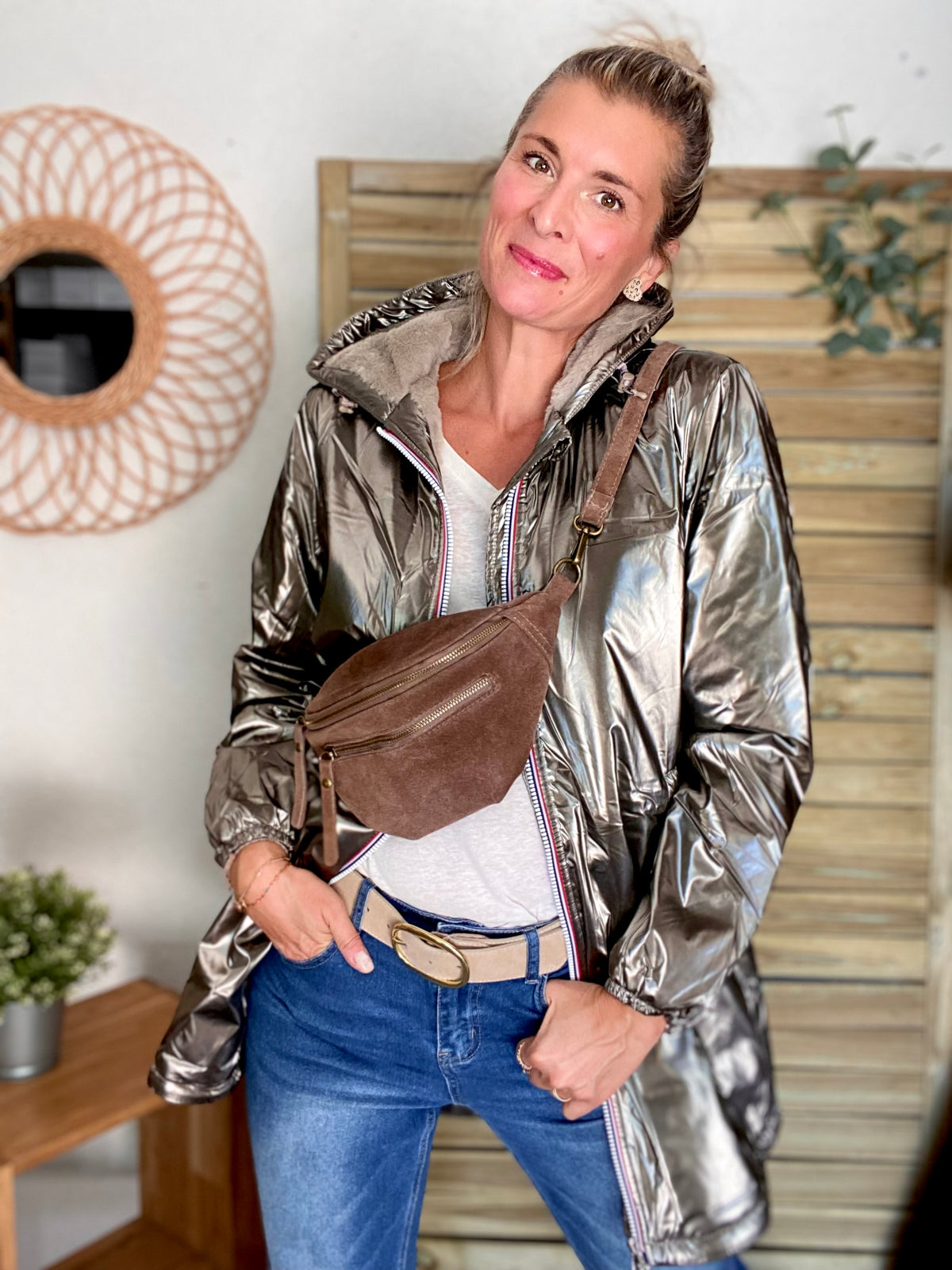 Sac banane double poche en cuir daim - OPALINE - Taupe