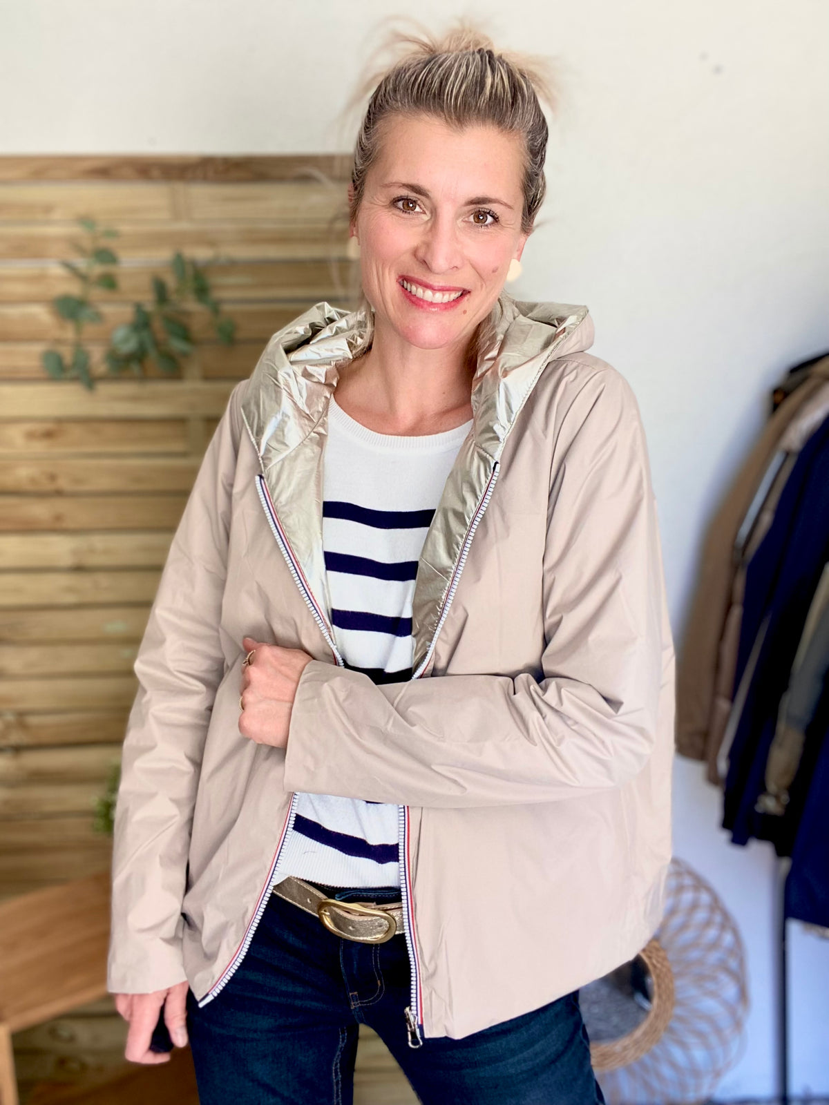 LAURA JO - Imperméable réversible rembourré LOUISON COURT - Beige / Doré • DÉSTOCKAGE sur Taille XL