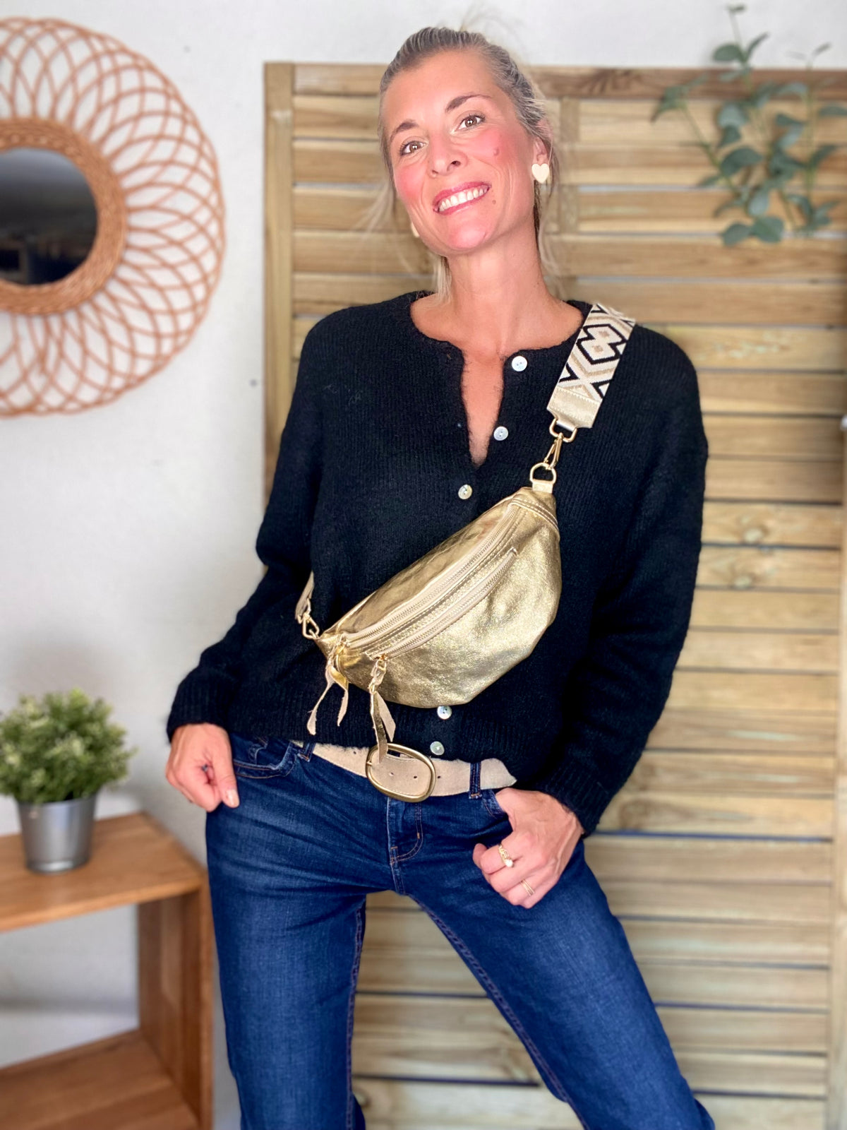 Sac banane en cuir irisé double poche - OPALE - Doré / doré