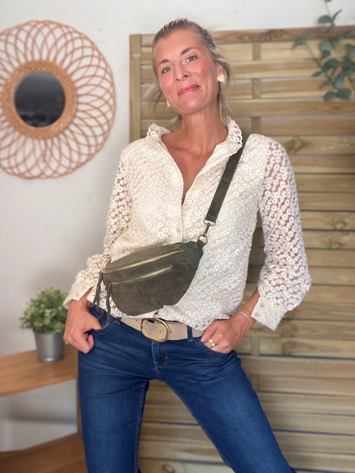 Sac banane double poche en cuir daim - OPALINE - Kaki foncé