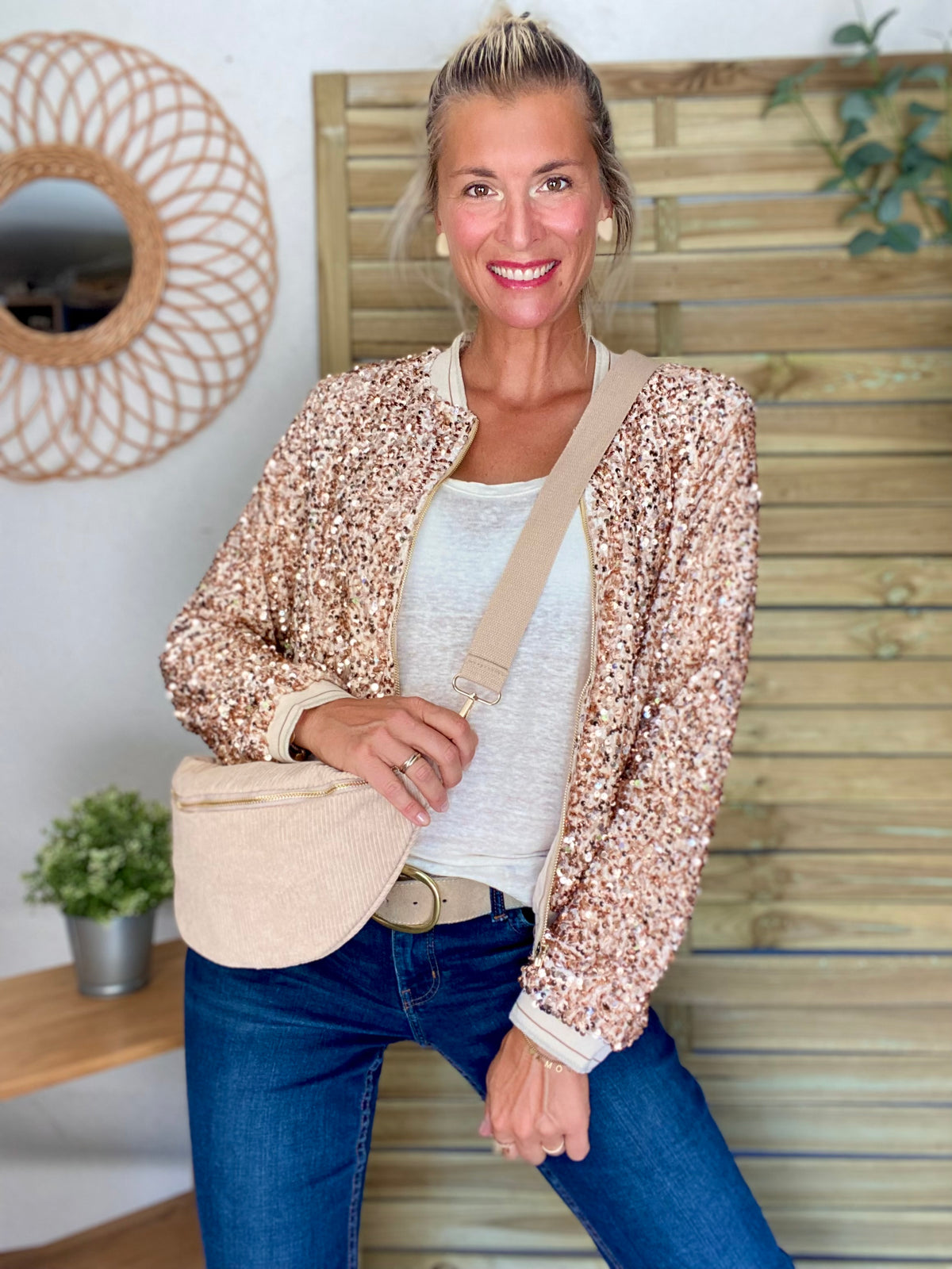 Veste bombers beige avec sequins Rose Gold KIM - FIN DE SÉRIE