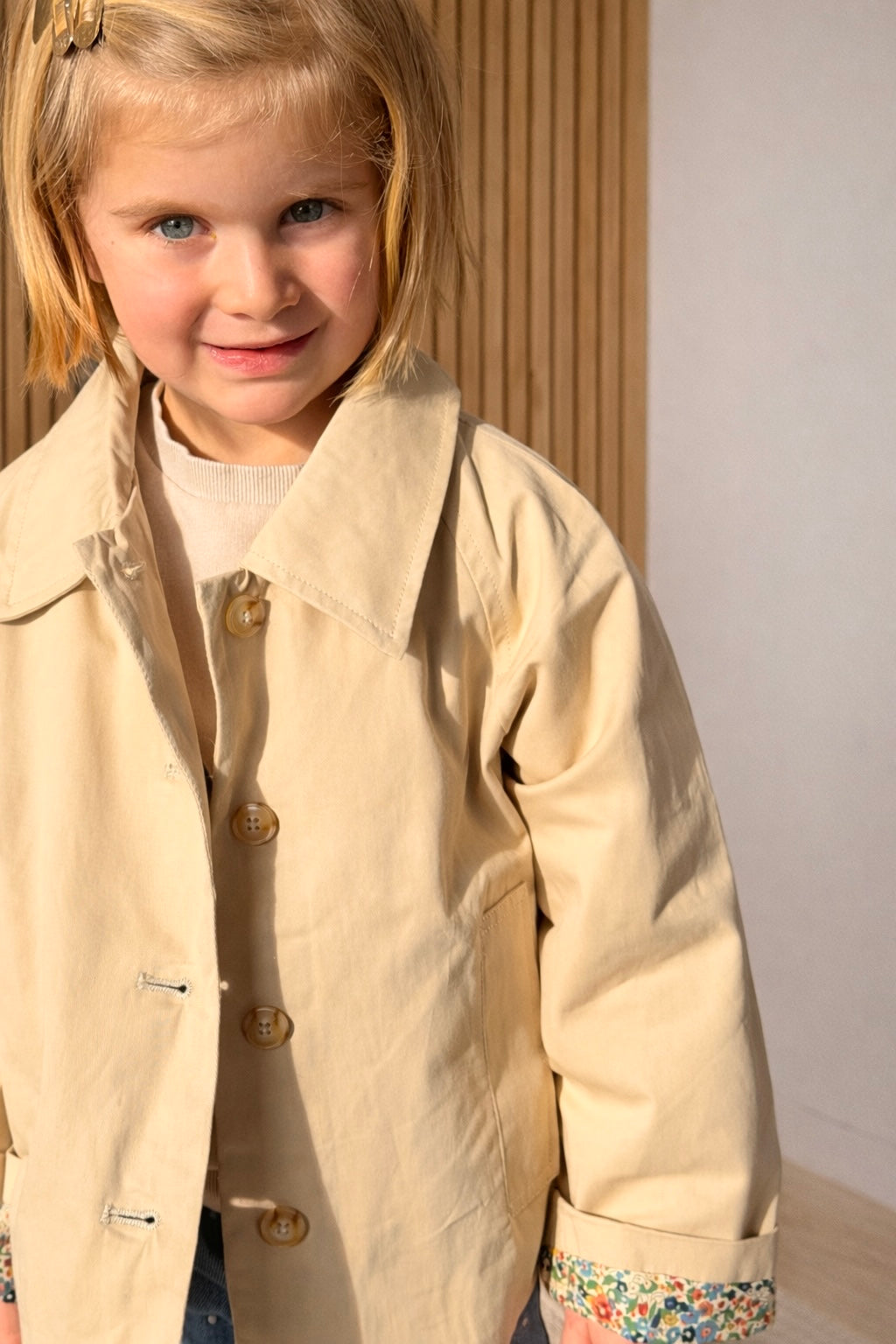 Veste Trench en coton beige avec Liberty - MARION (Taille 2 ans à la Taille XL)