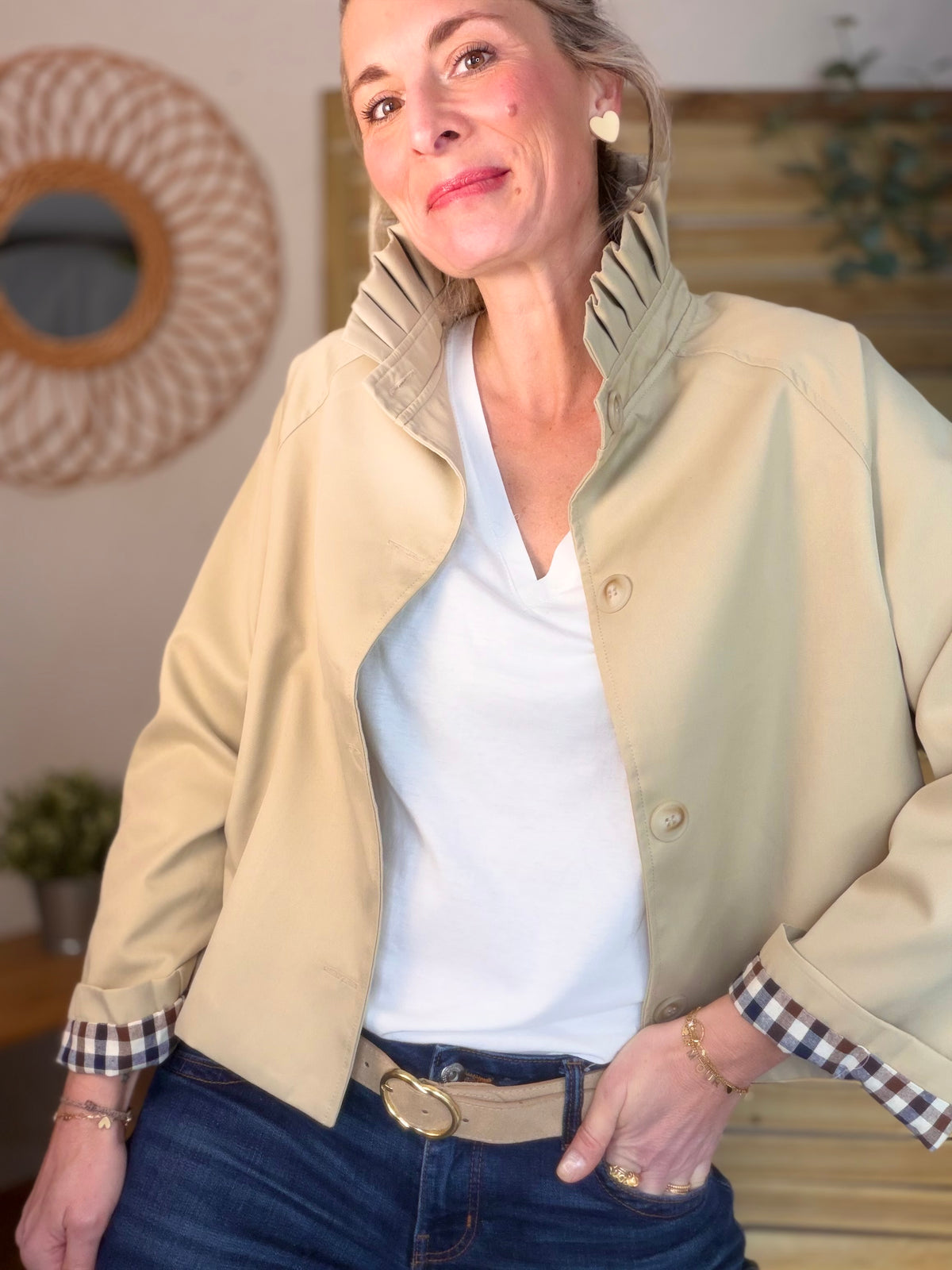 Veste Trench col victorien, revers carreaux - VICKY Beige